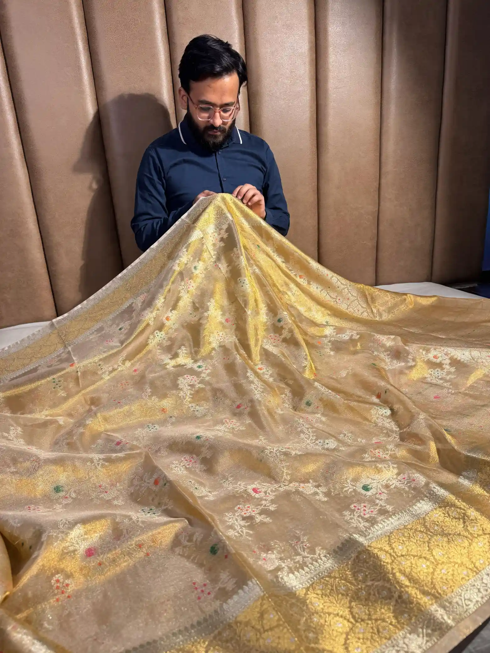 Copper Tissue Silk Meenkari Saree with rich pallu and blouse - Image 3