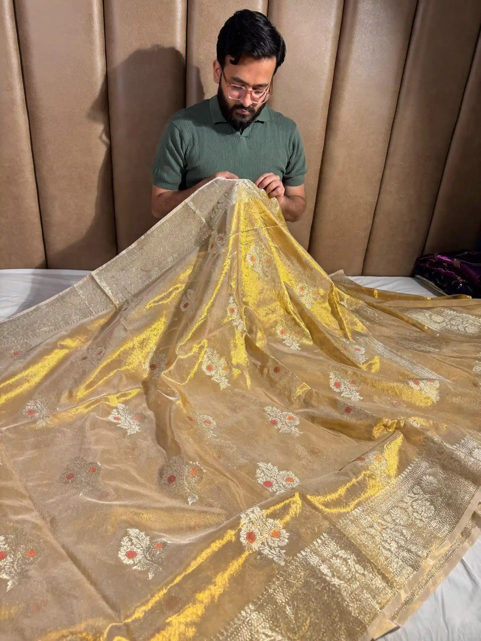 Copper Tissue Silk Meenkari Saree with rich pallu and blouse - Image 3