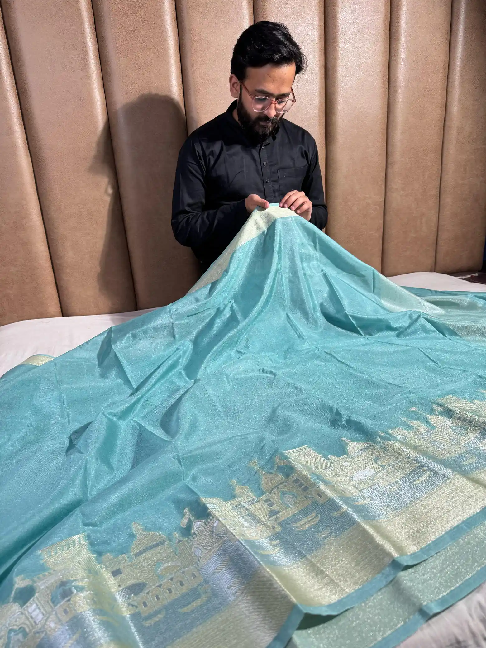 Sea Green Georgette Silk Ghat Pattern Banarasi Saree - Image 3