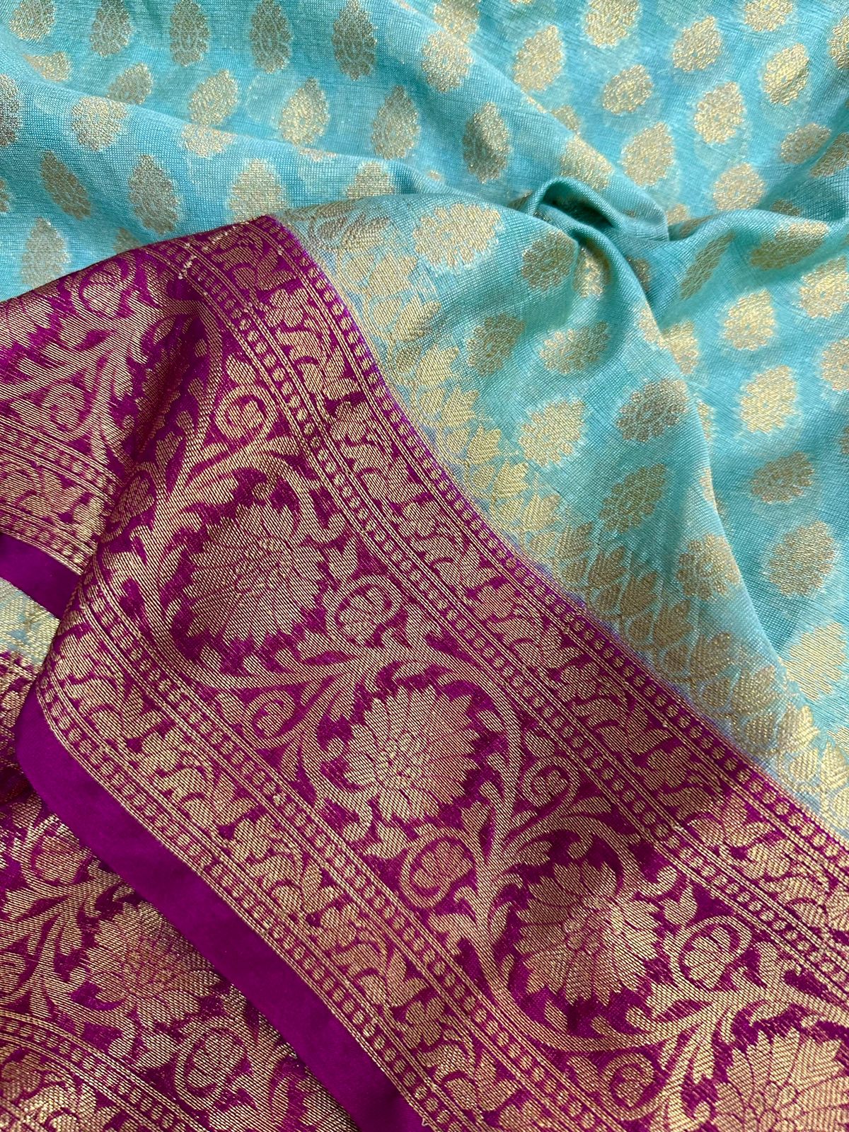 Sea Green Georgette Silk Zari Buti Banarasi saree - Image 2