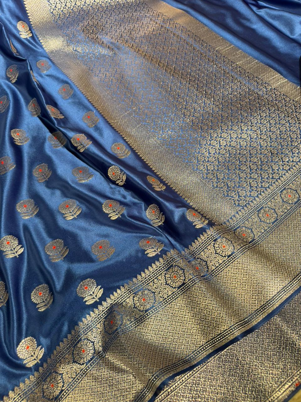 Dark Blue Mashru Katan Silk Meenakari Banarasi Saree - Image 3