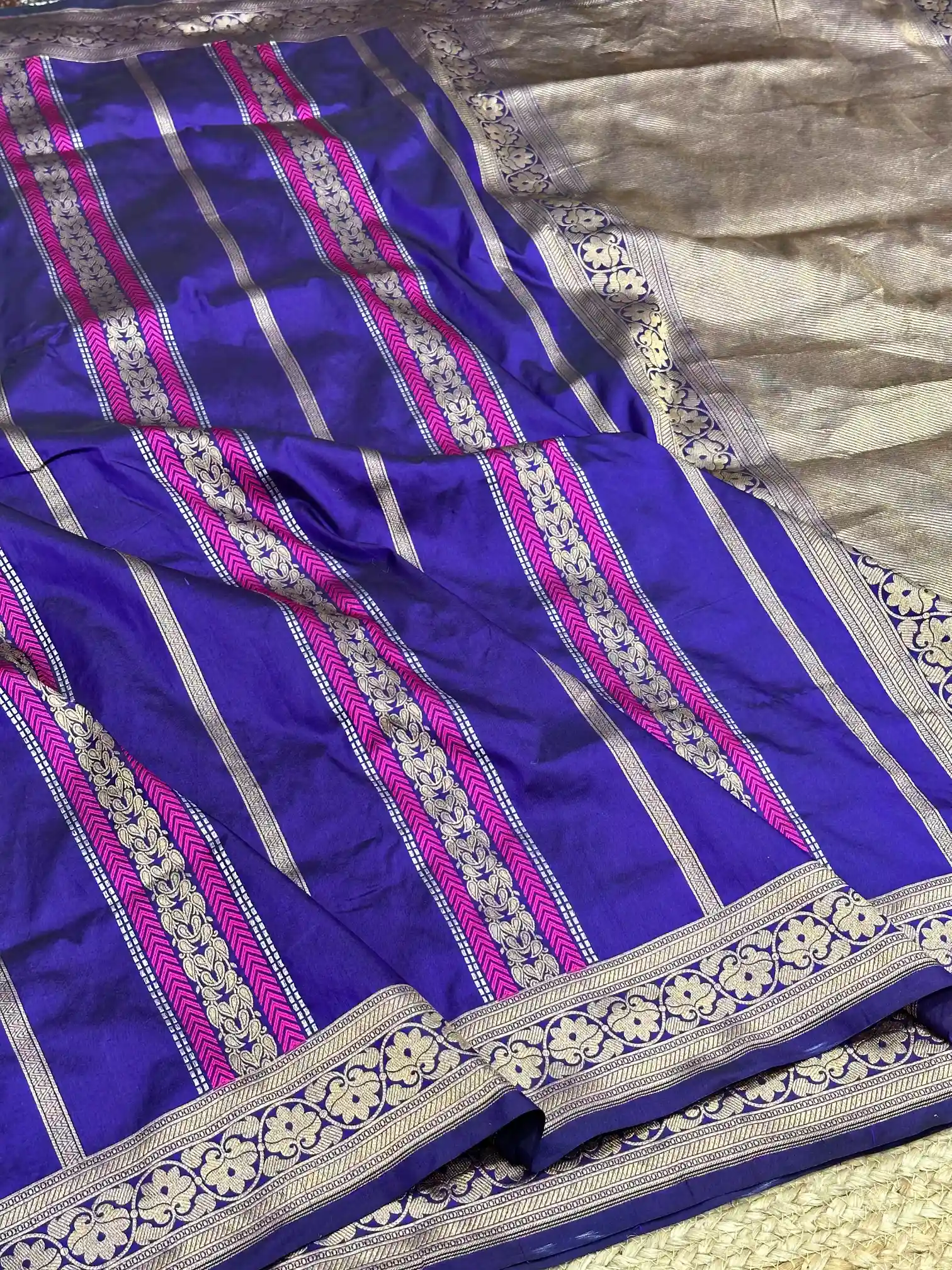 Dark Blue Pure Katan Silk Banarasi Saree with Intricate Meenakari - Image 5