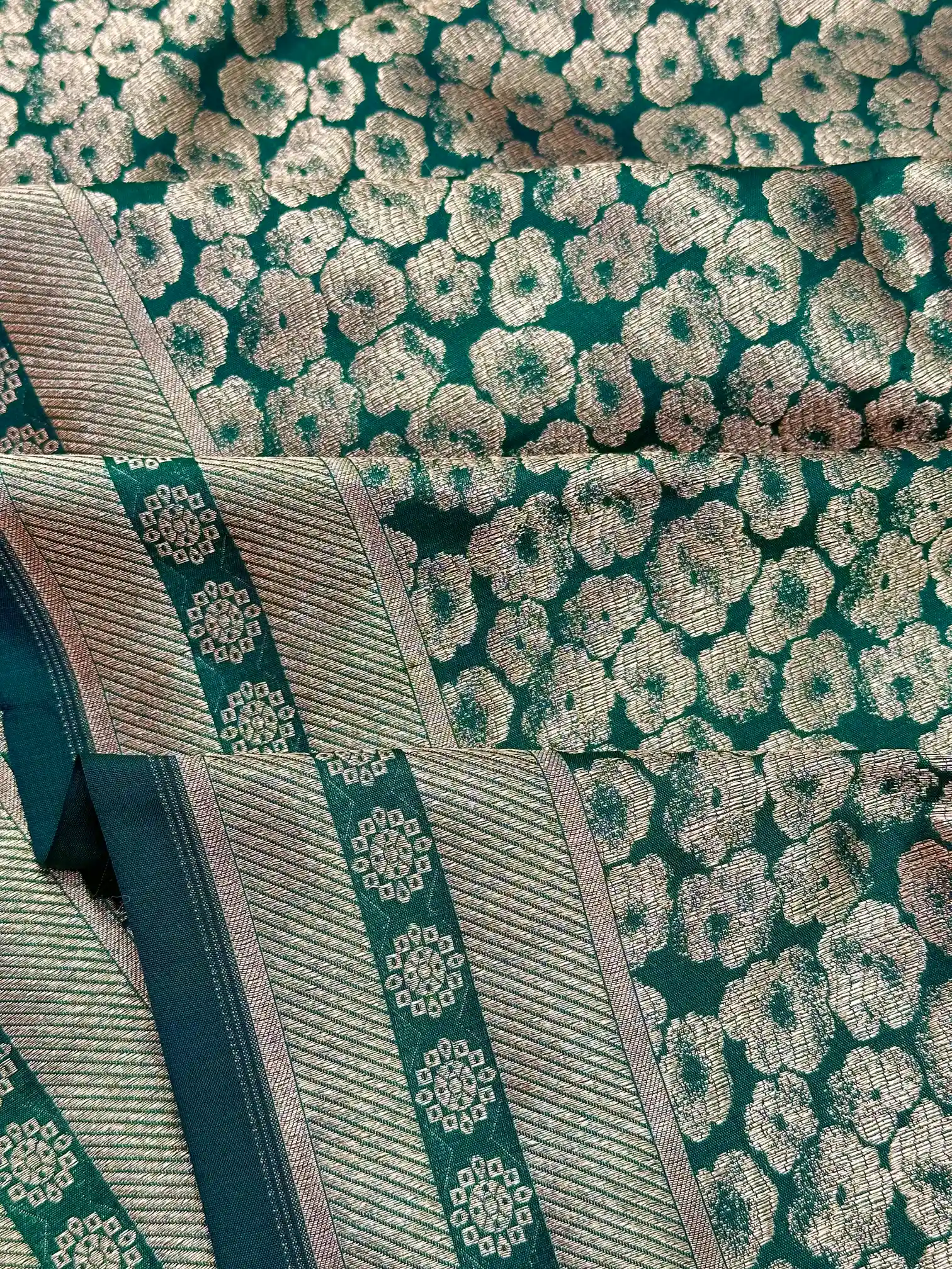 Dark Green Embossed Pure Katan Silk Saree - Image 3