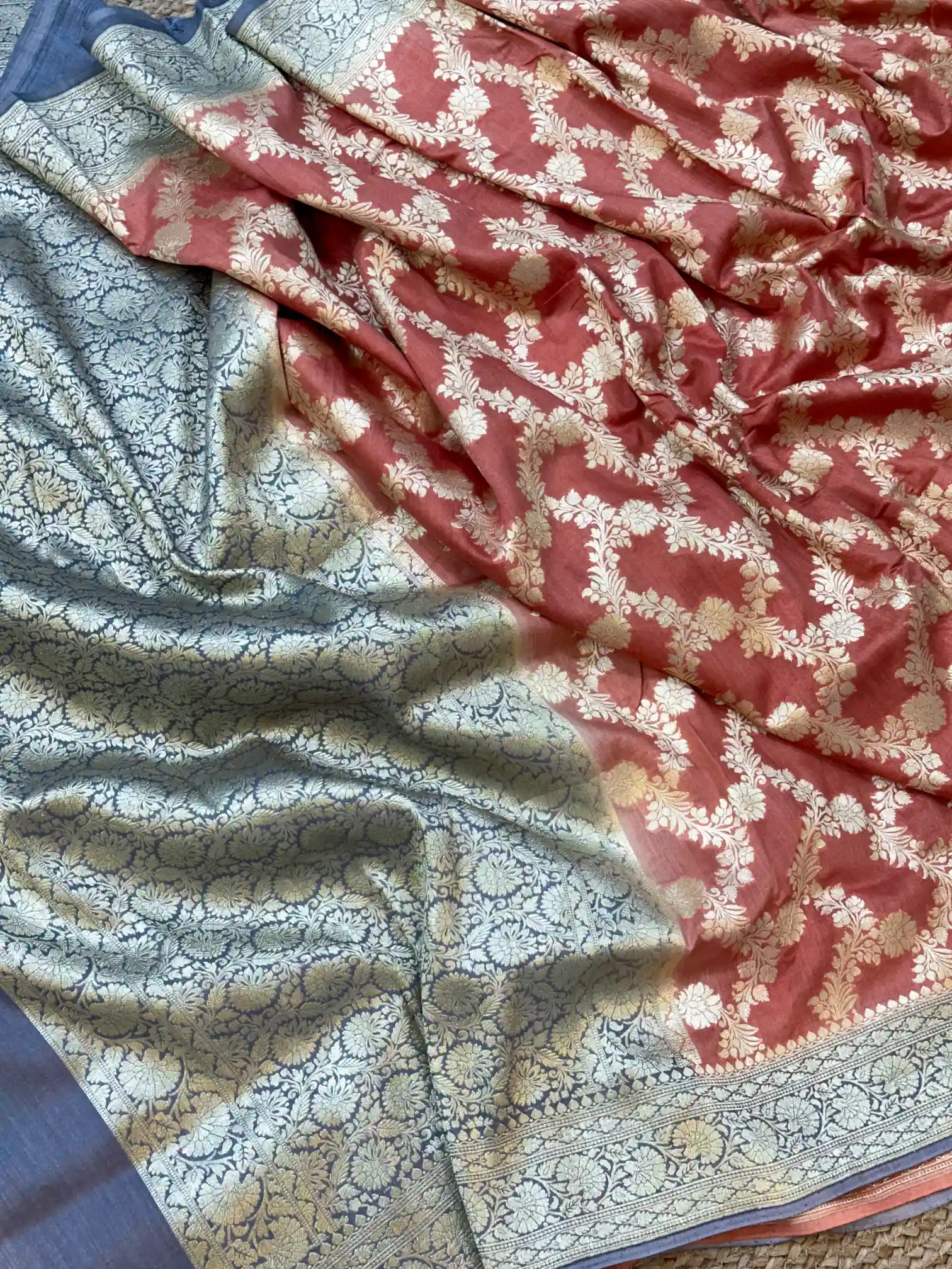 Dark Peach Contrast Munga Silk Banarasi Saree - Image 5