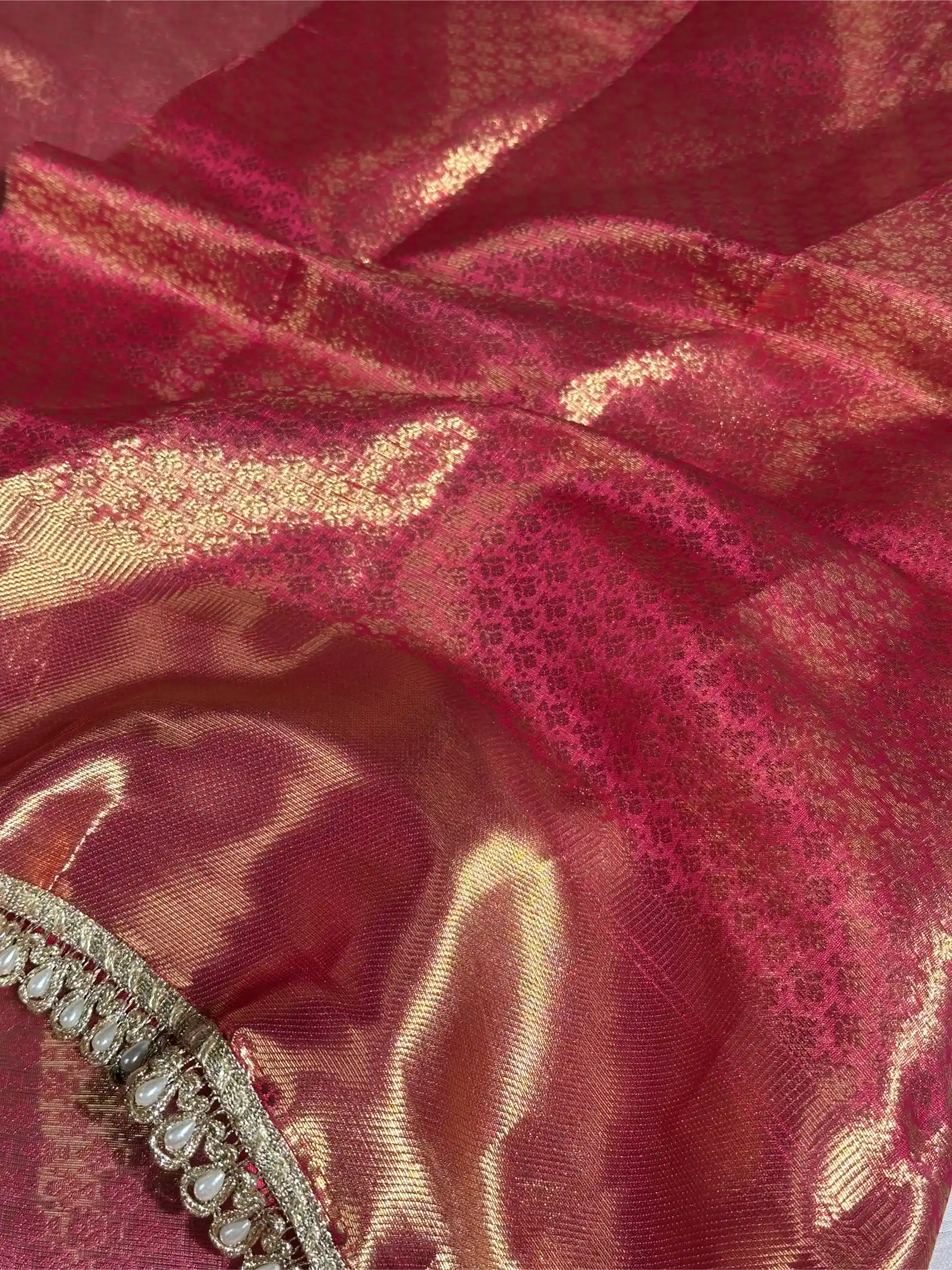 Dark Rani Brocade Tissue Silk Designer Lace Work Banarasi Saree - Image 5