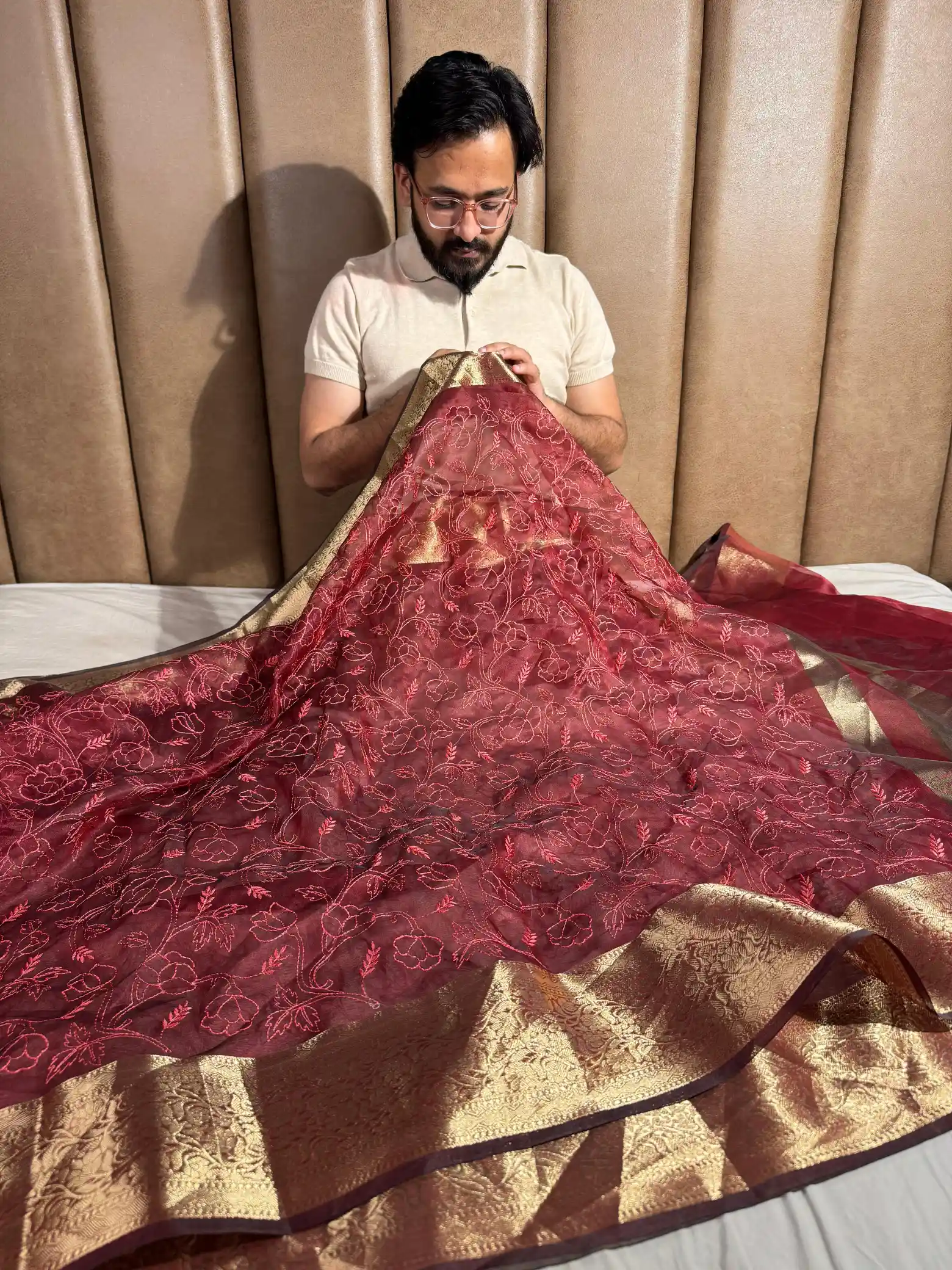Dark Red Banarasi Tissue Chikankari Saree with Rich Pallu & Blouse