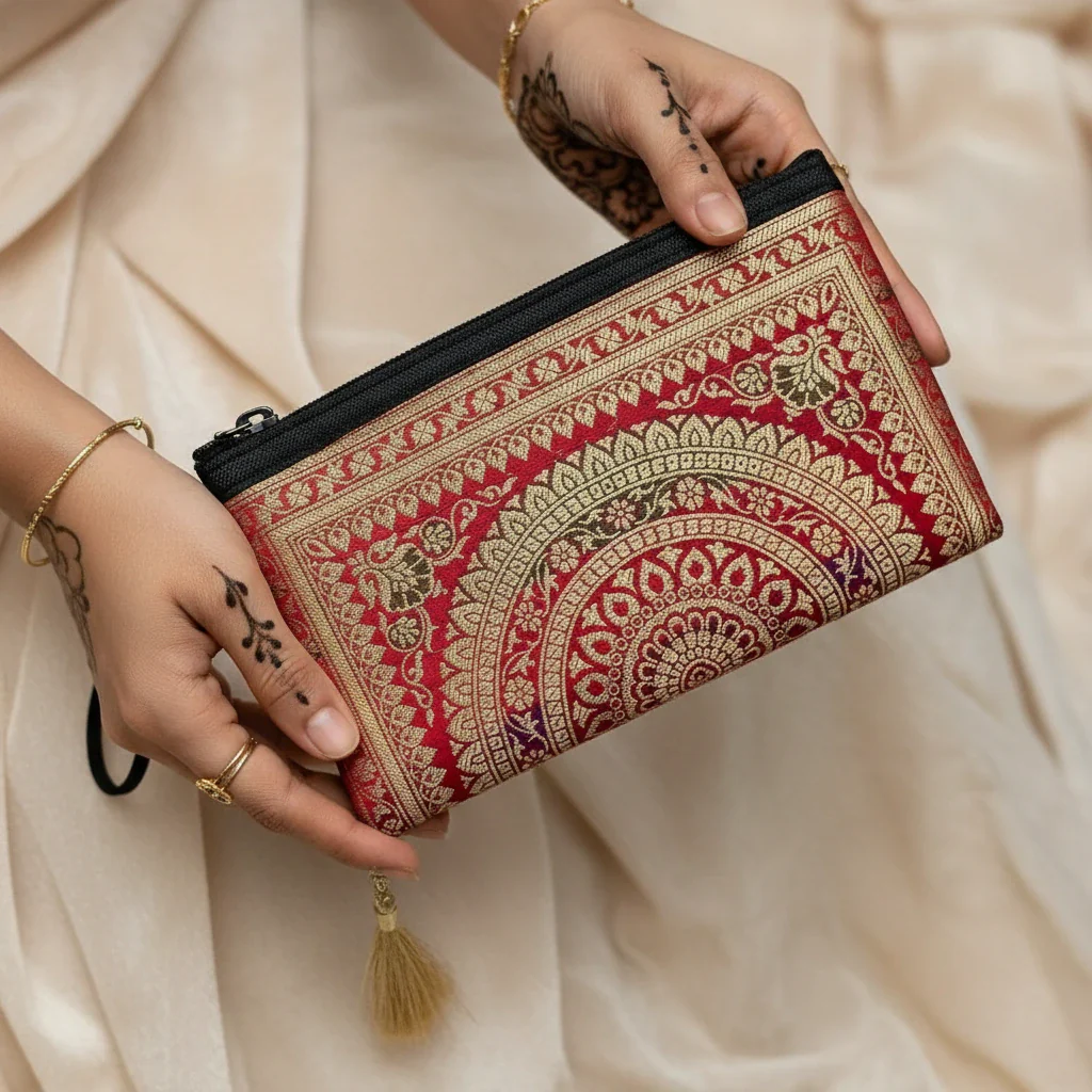 Dark Red Shade Handmade Banarasi Women Wallet