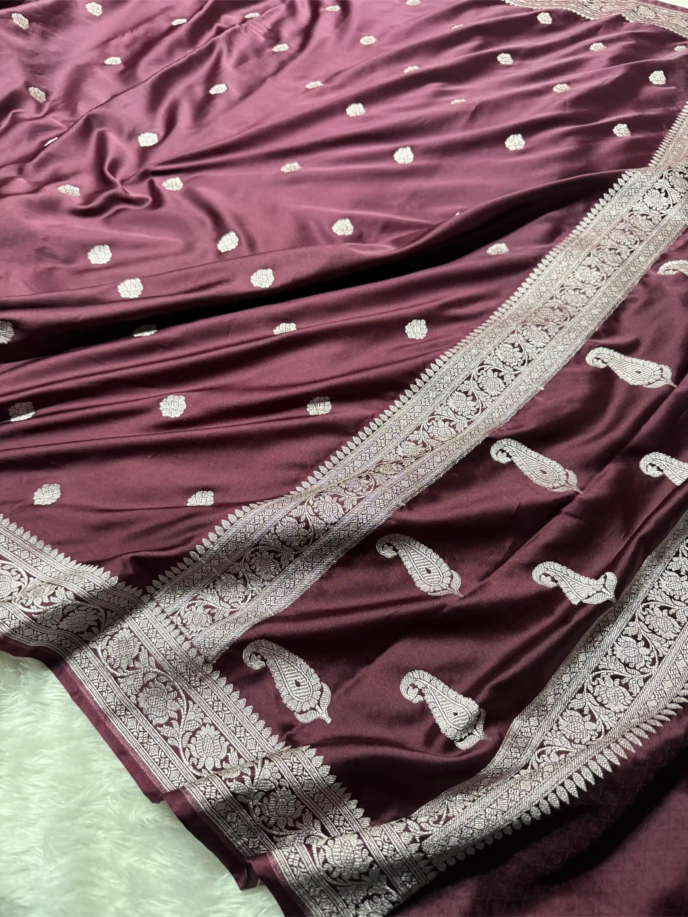Dark Wine Mashru Katan Silver Zari Khaddi Buti Concept Banarasi Saree - Image 3
