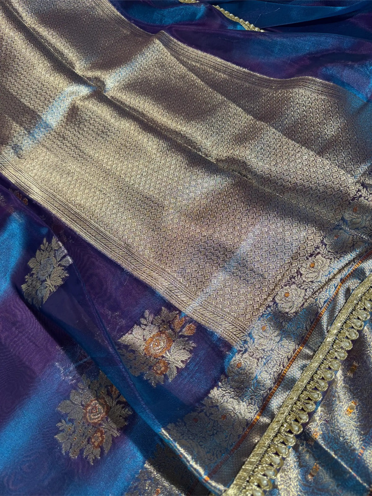 Dhoop Chaon Blue Premium Tissue Silk Designer Saree - Image 2