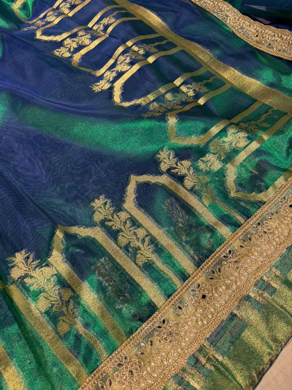 Dhoop Chaon Peacock Heritage Tissue Silk Designer Lace Work Banarasi Saree - Image 3