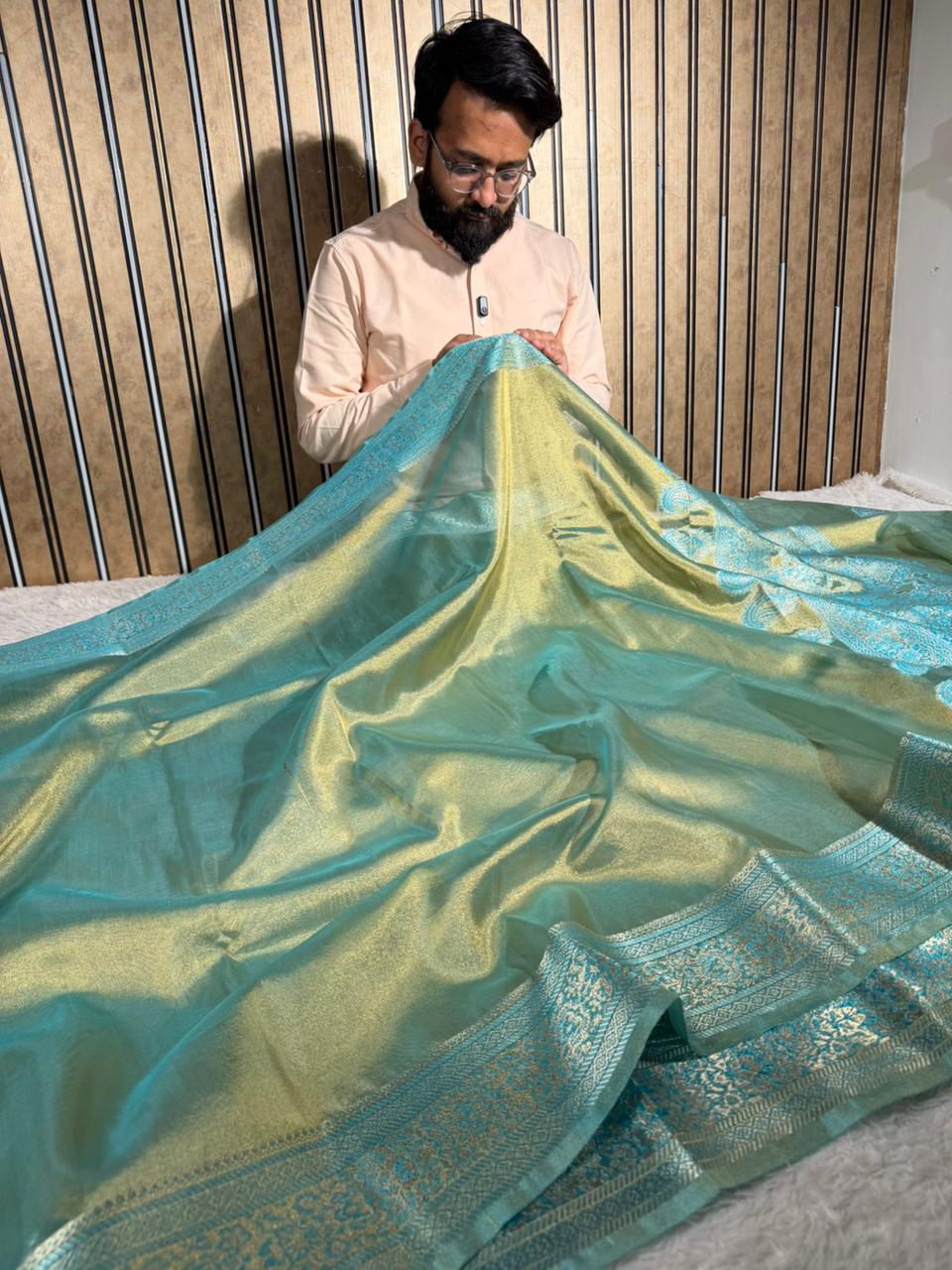 Dhoop Chaon Sea Green Soft Tissue Silk Banarasi Saree - Image 3