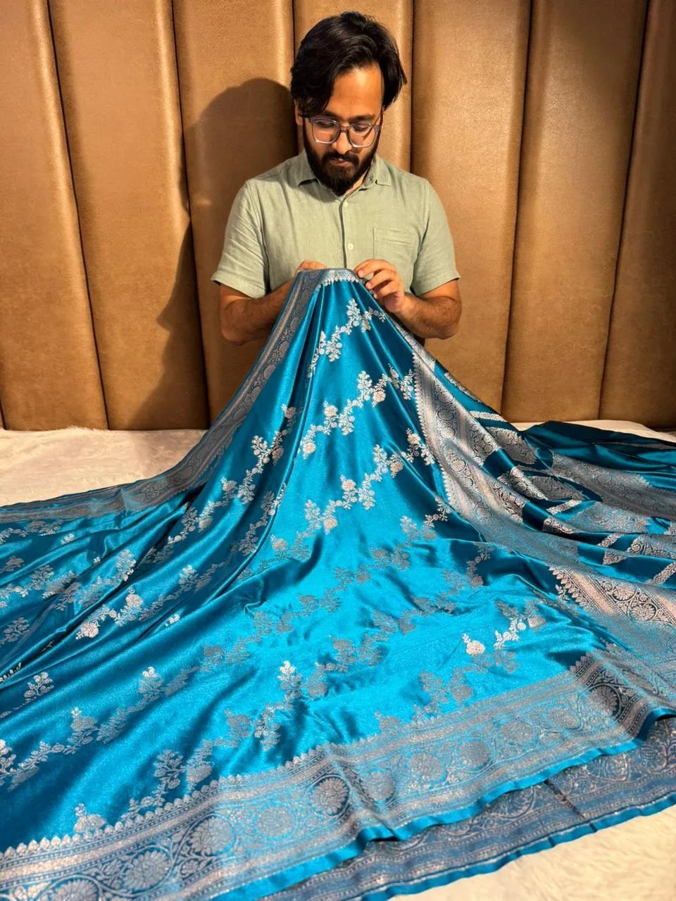 Emerald Blue Mashru Katan Silk Leheriya Pattern Banarasi Saree