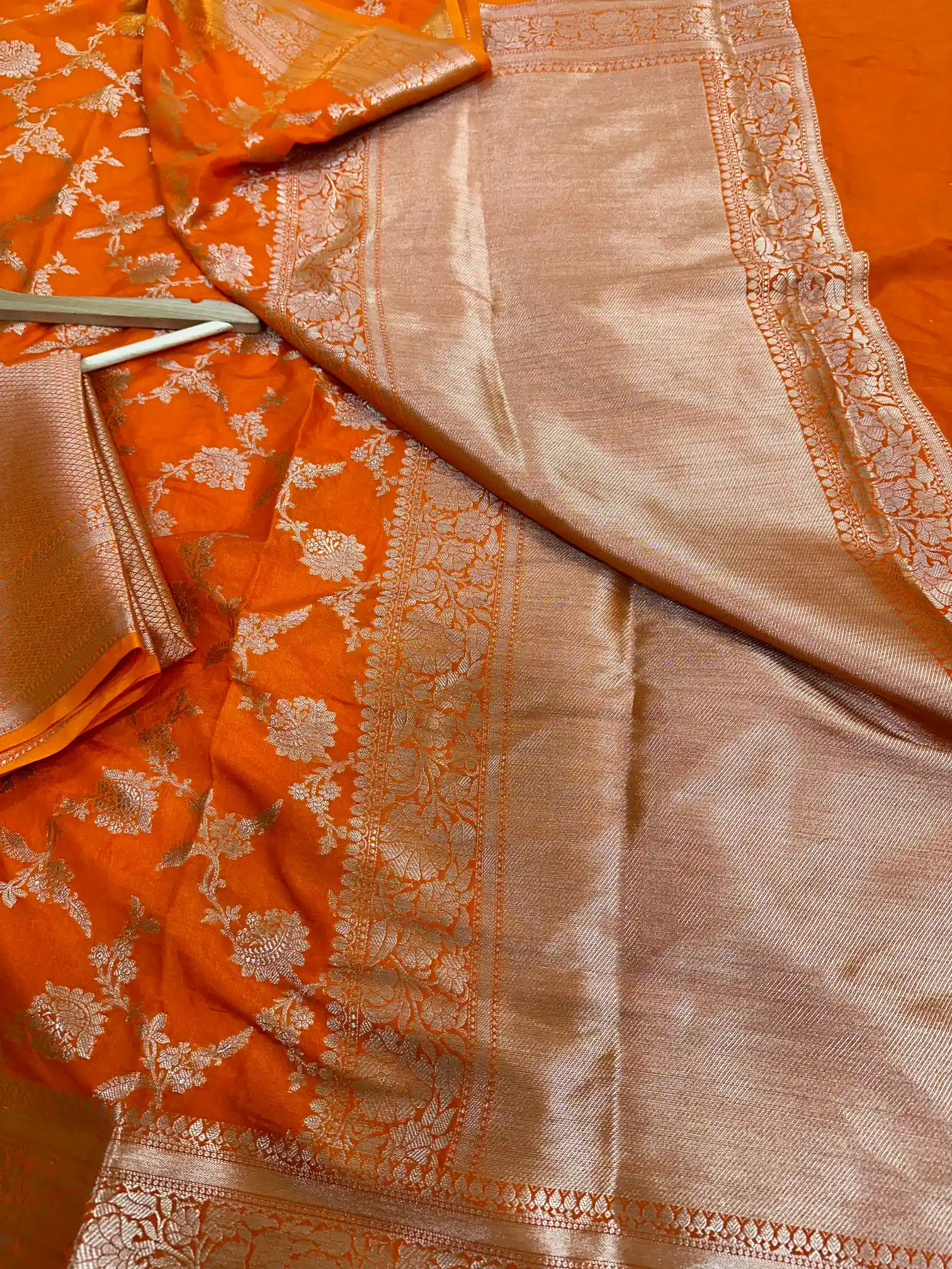 Fanta Orange Chiniya Silk Golden Zari Floral Weave Banarasi Saree - Image 3