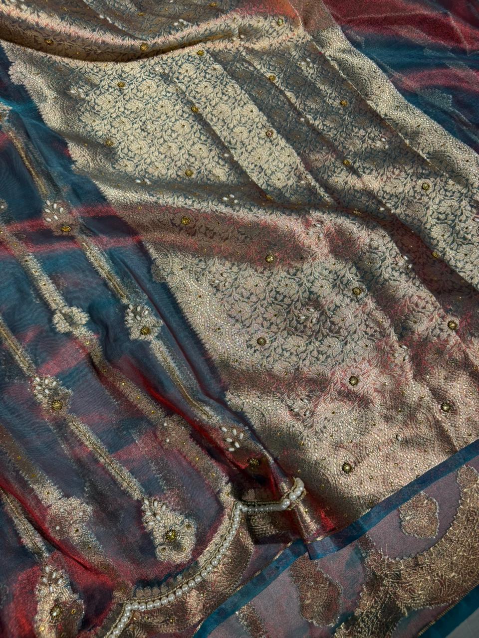 German Blue Scallop Tissue Silk Handwork Banarasi Saree - Image 2