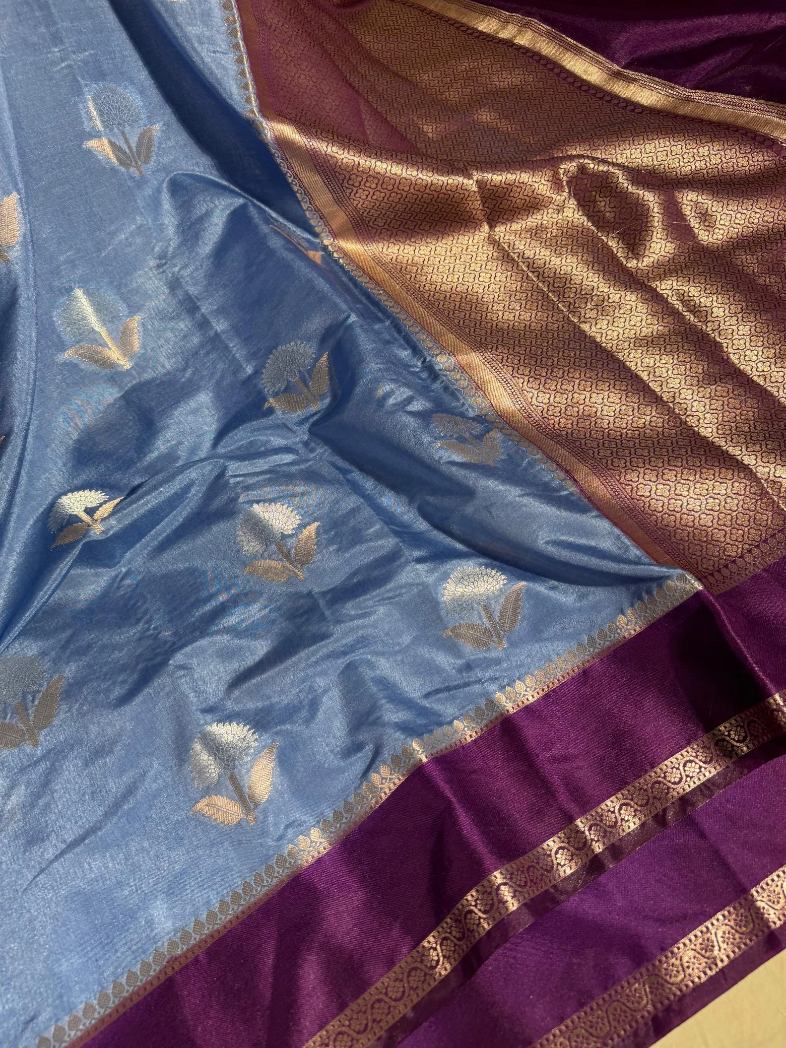 German Blue Shade Premium Chiniya Silk with Contrast Magenta Border - Image 2