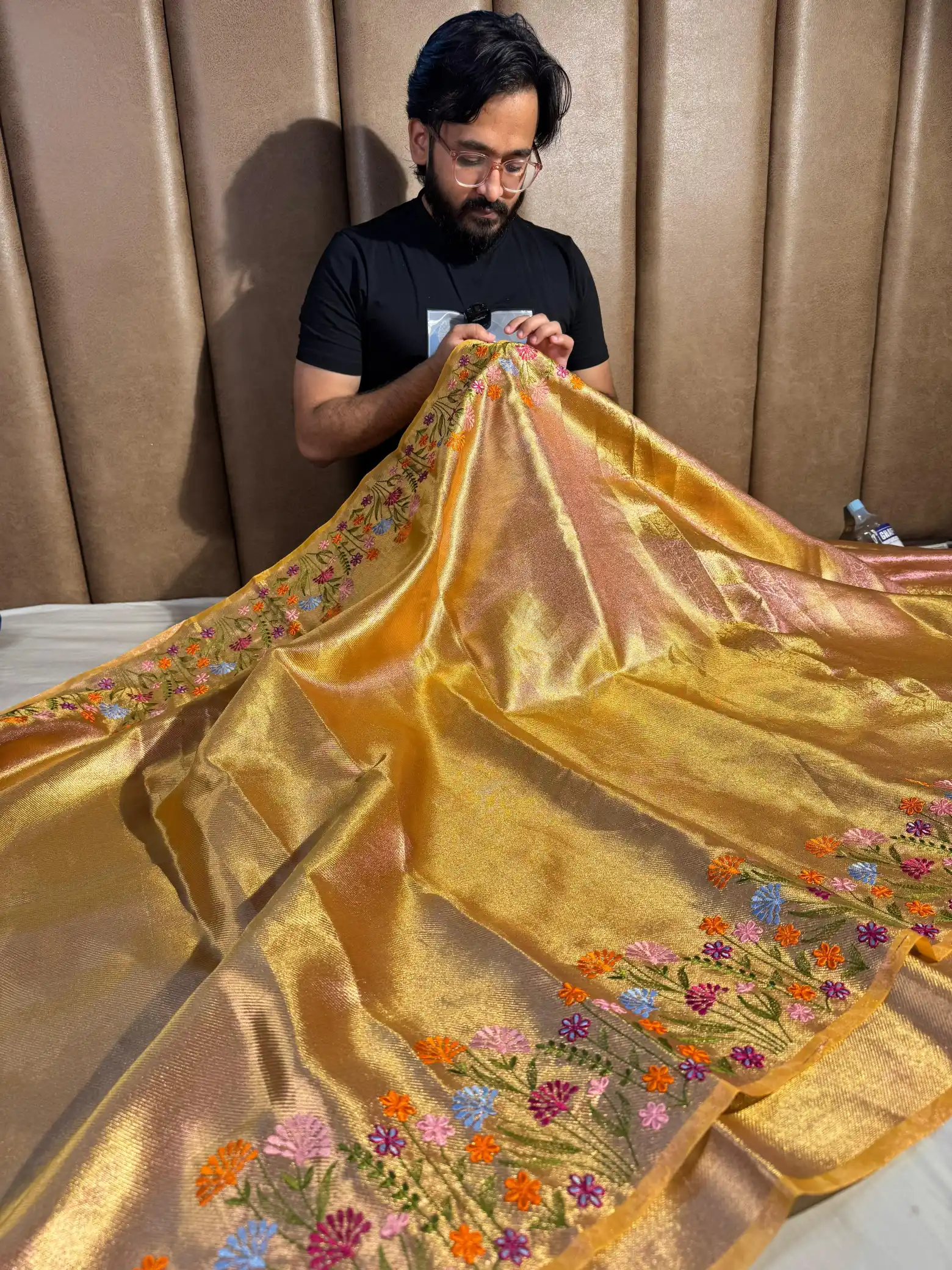 Golden Designer Tissue Silk Chikankari Work Banarasi Saree - Image 3