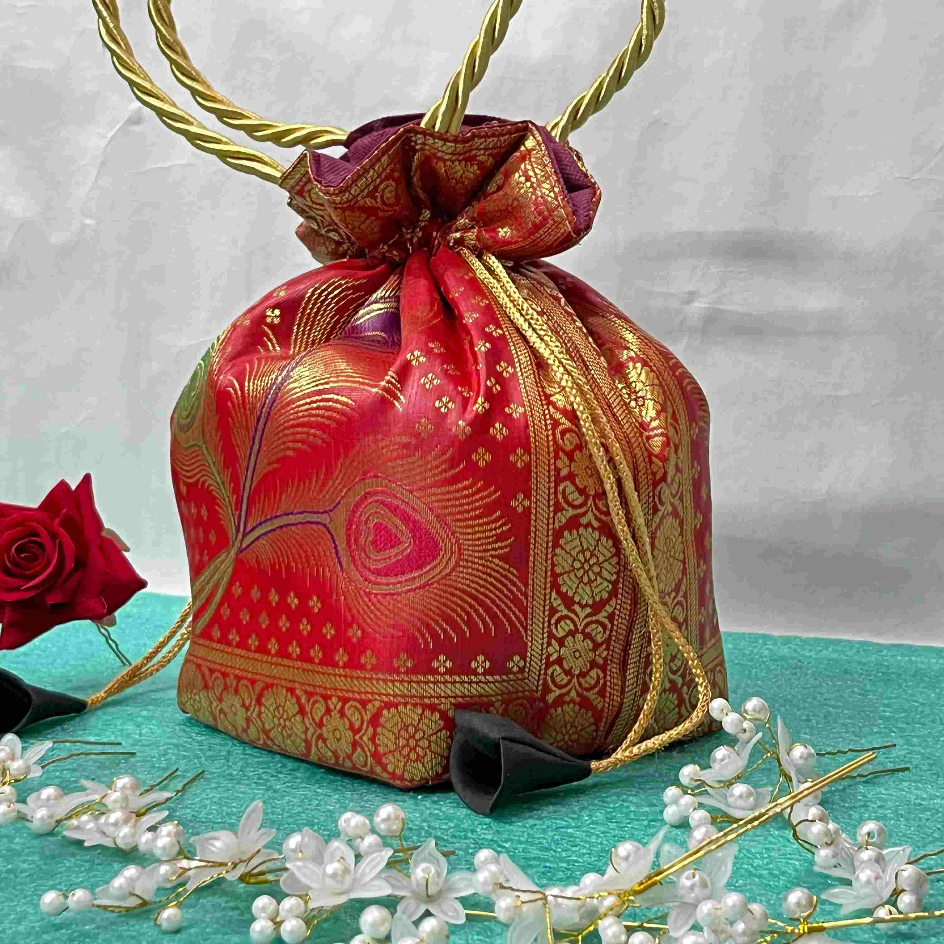 Red Elegance Banarasi Potli Bags - Image 3