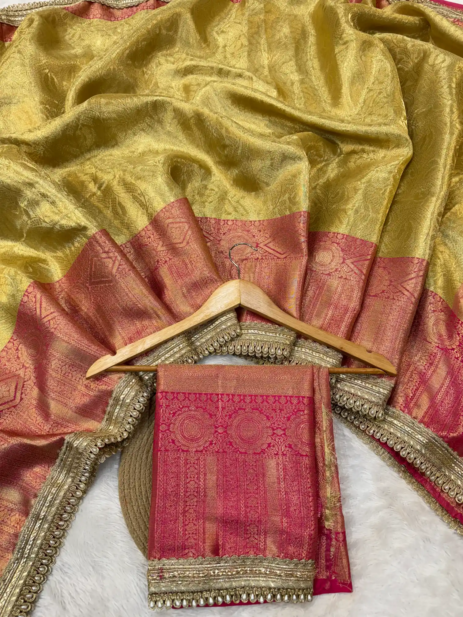 Golden Embossed Tissue Silk Designer Lace Work Banarasi Saree
