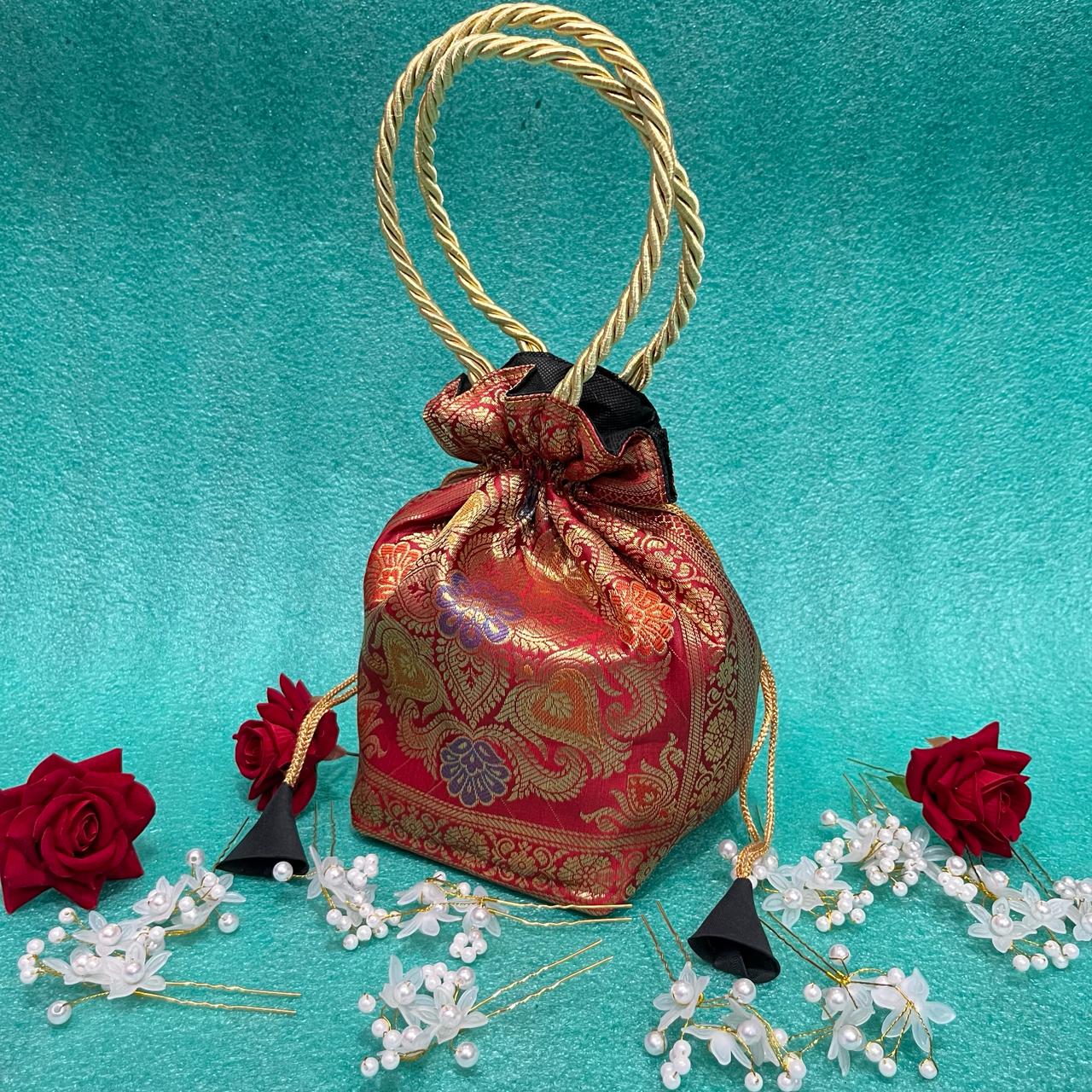 Red Elegance Banarasi Potli Bags - Image 3