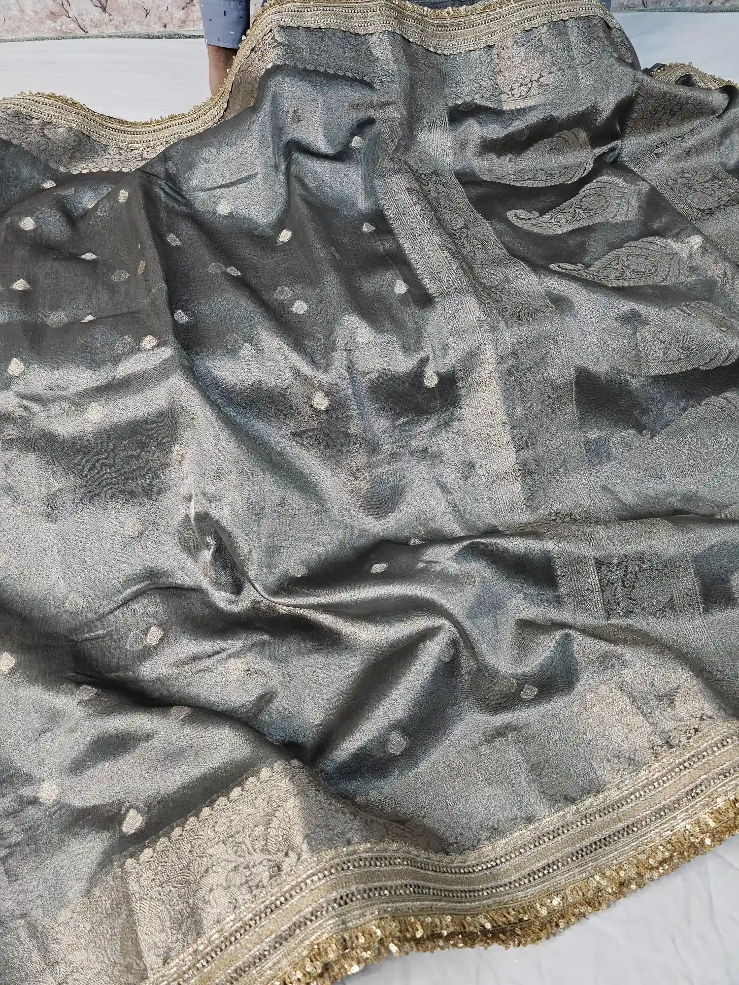 Gray Premium Tissue Silk Saree with Exclusive Lace Work - Image 4