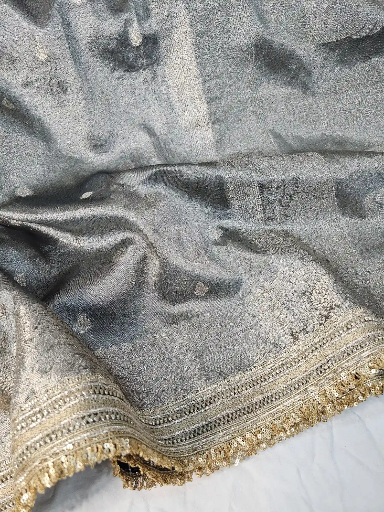 Gray Premium Tissue Silk Saree with Exclusive Lace Work - Image 5