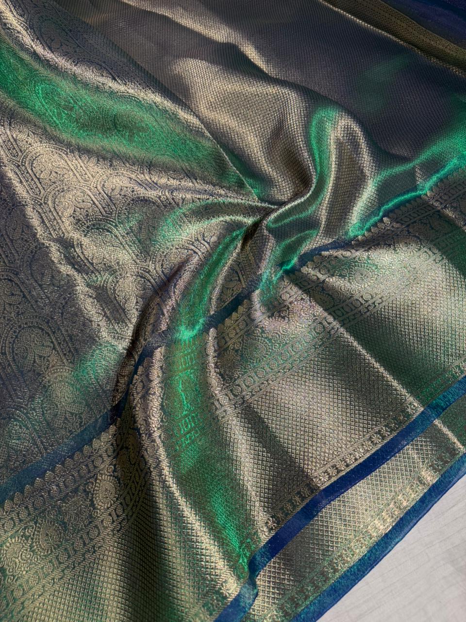 Green-Blue Dhoop Chaon Tissue Silk Kanjivaram Brocade Banarasi Saree - Image 2