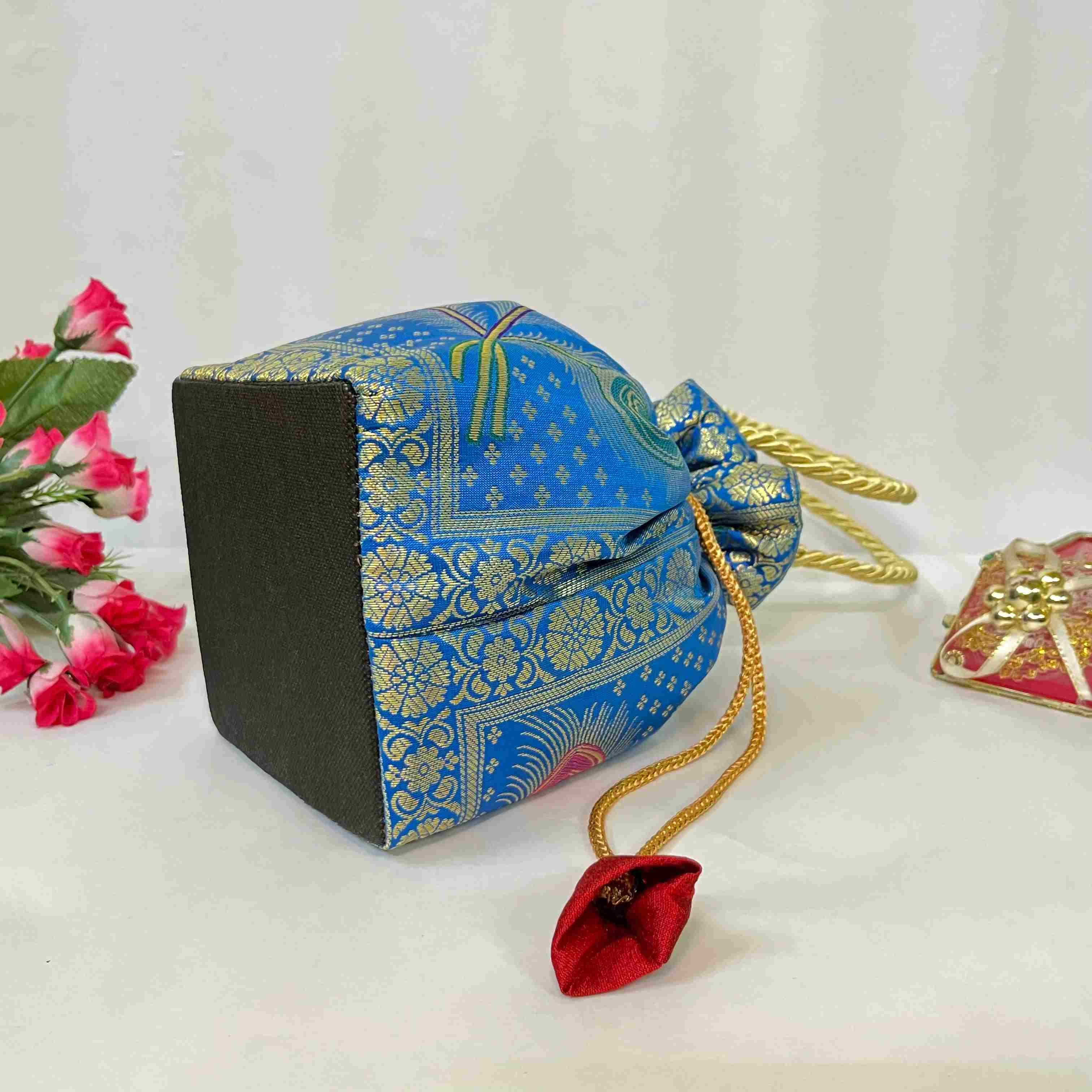 Royal Blue Elegance Banarasi Potli Bags - Image 3