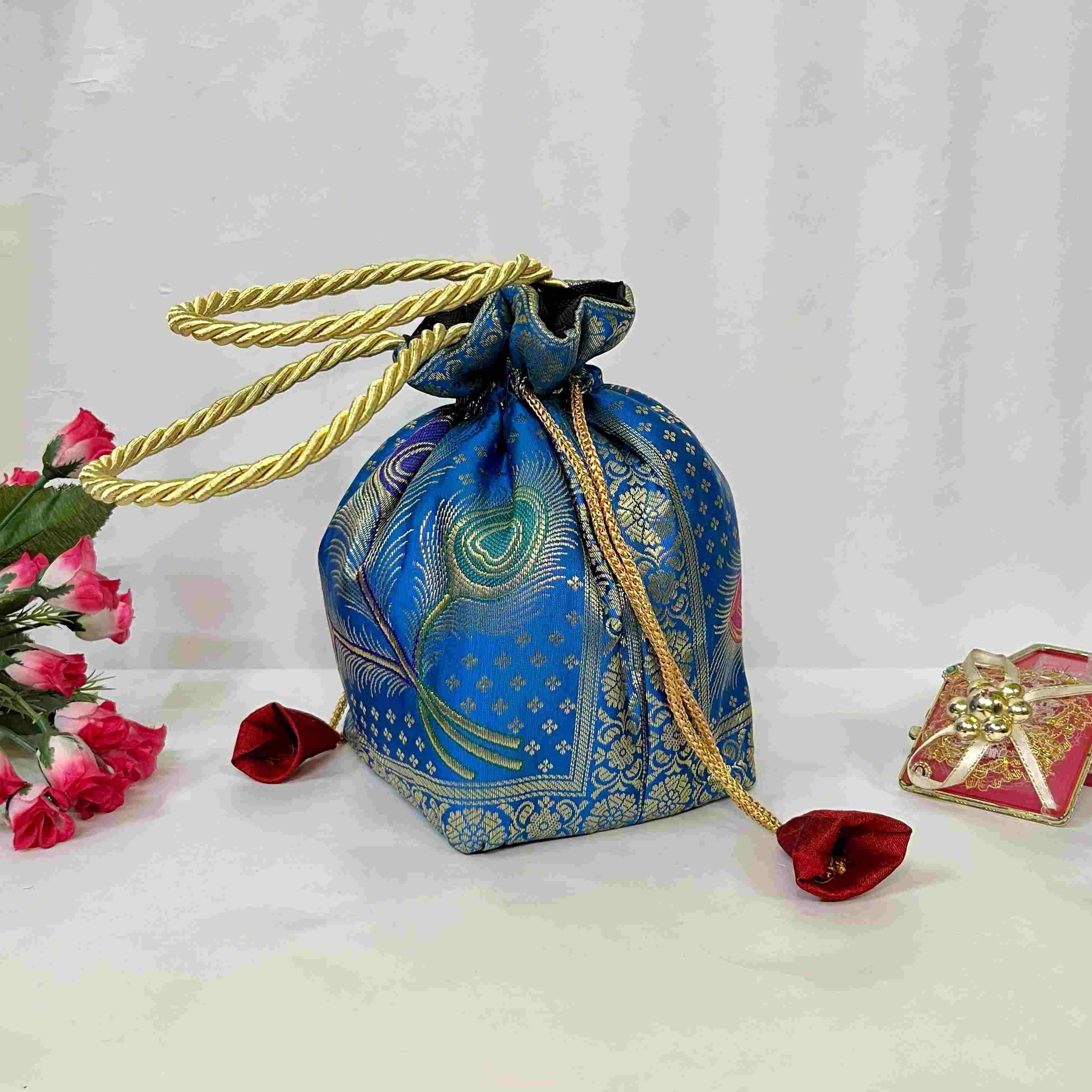 Royal Blue Elegance Banarasi Potli Bags - Image 4