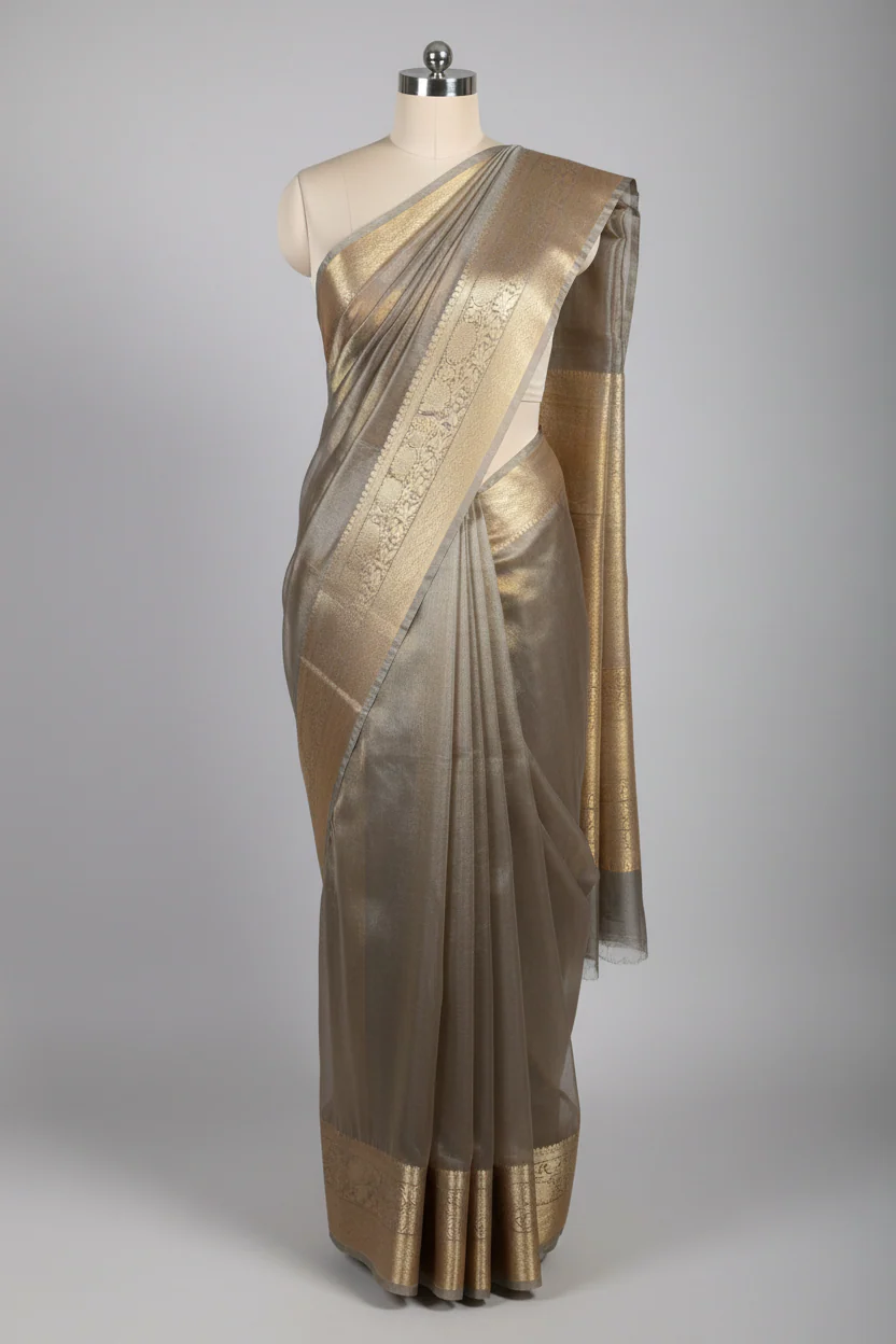 Greyish Brown Kora Tissue Silk Eccentric Banarasi Saree - Image 2