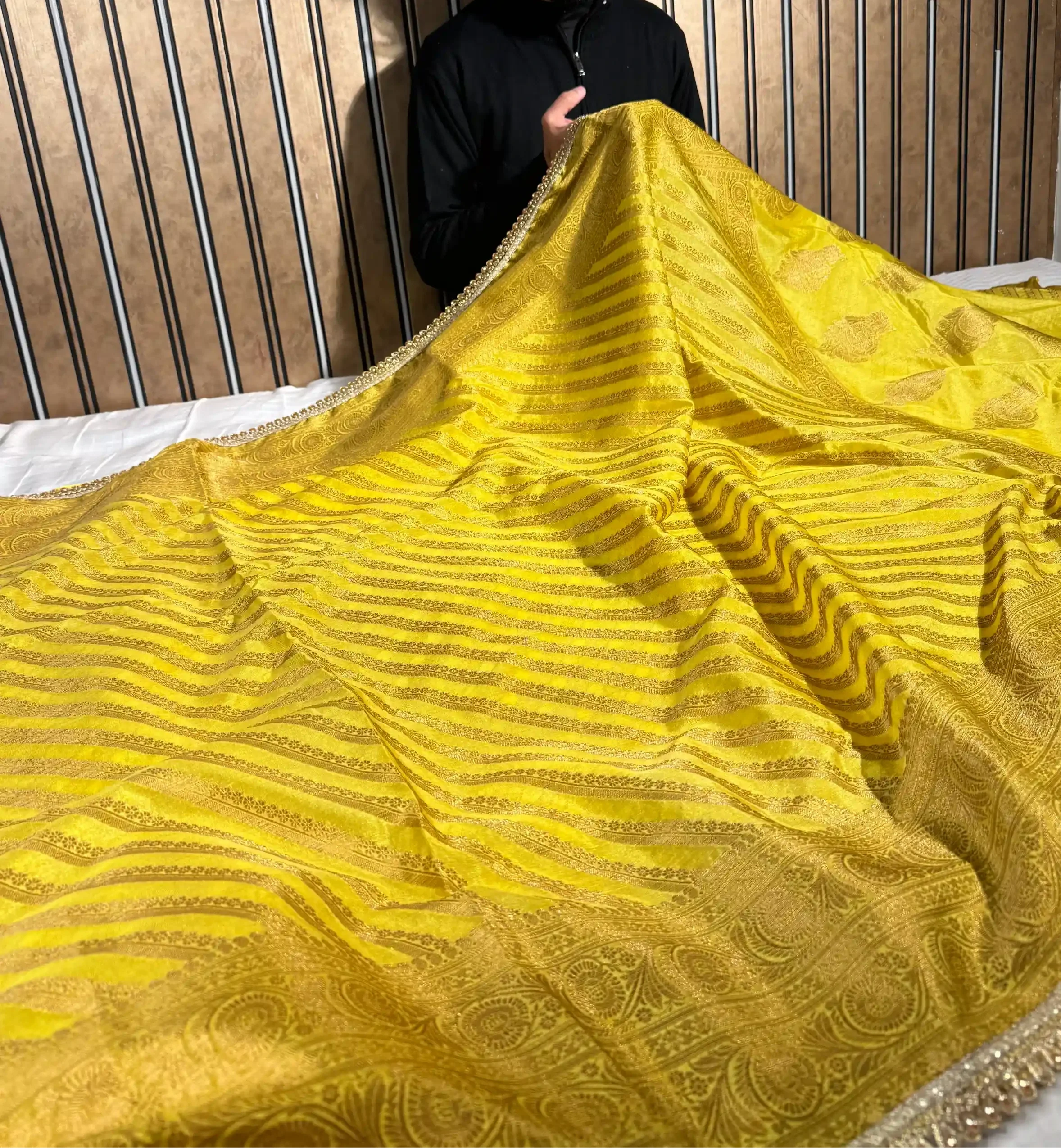 Haldi Yellow Georgette Silk Designer Lace Attached Banarasi Saree - Image 3
