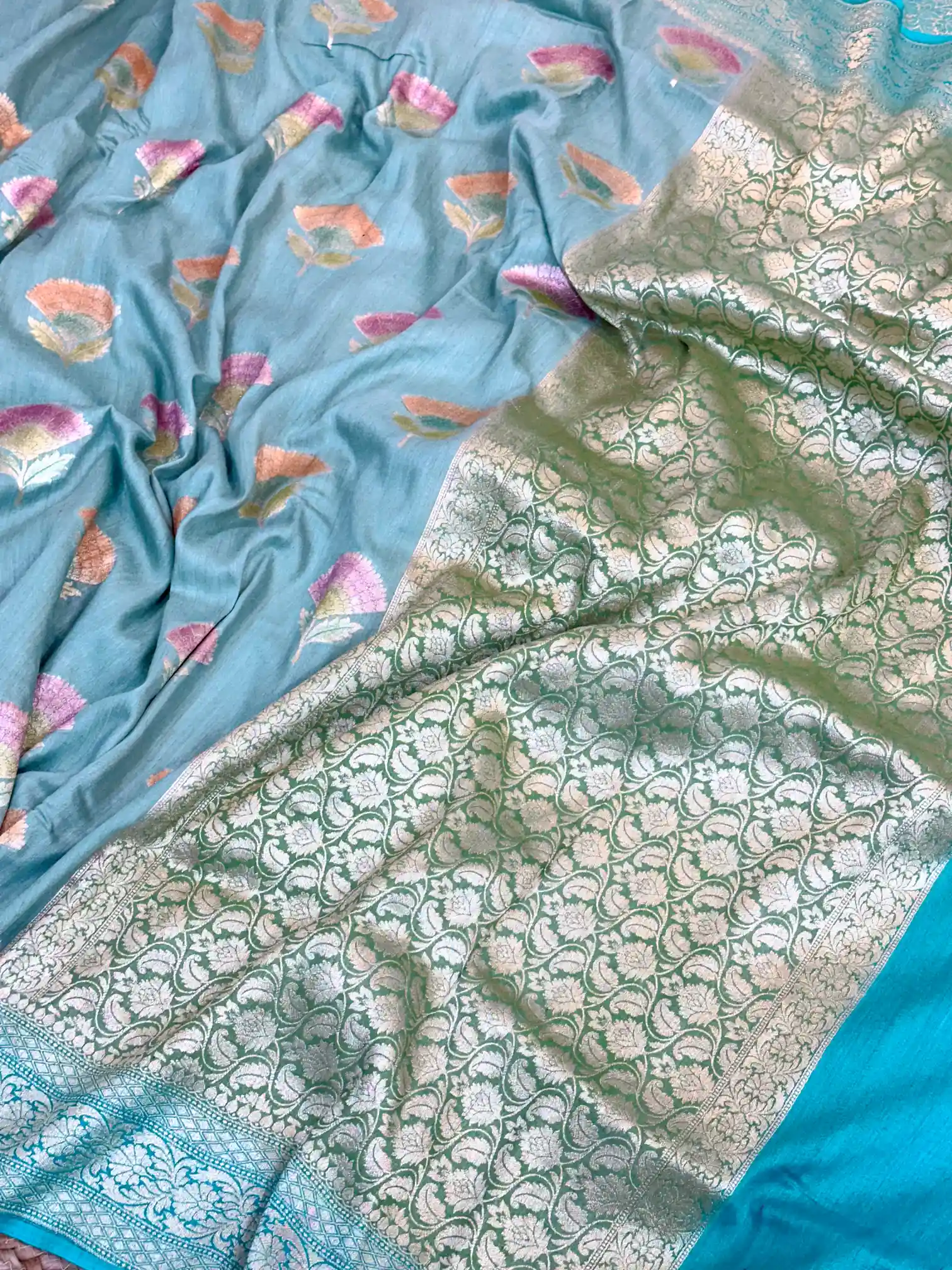 Handbrush Dyed Buta Munga Silk Banarasi Saree - Image 5