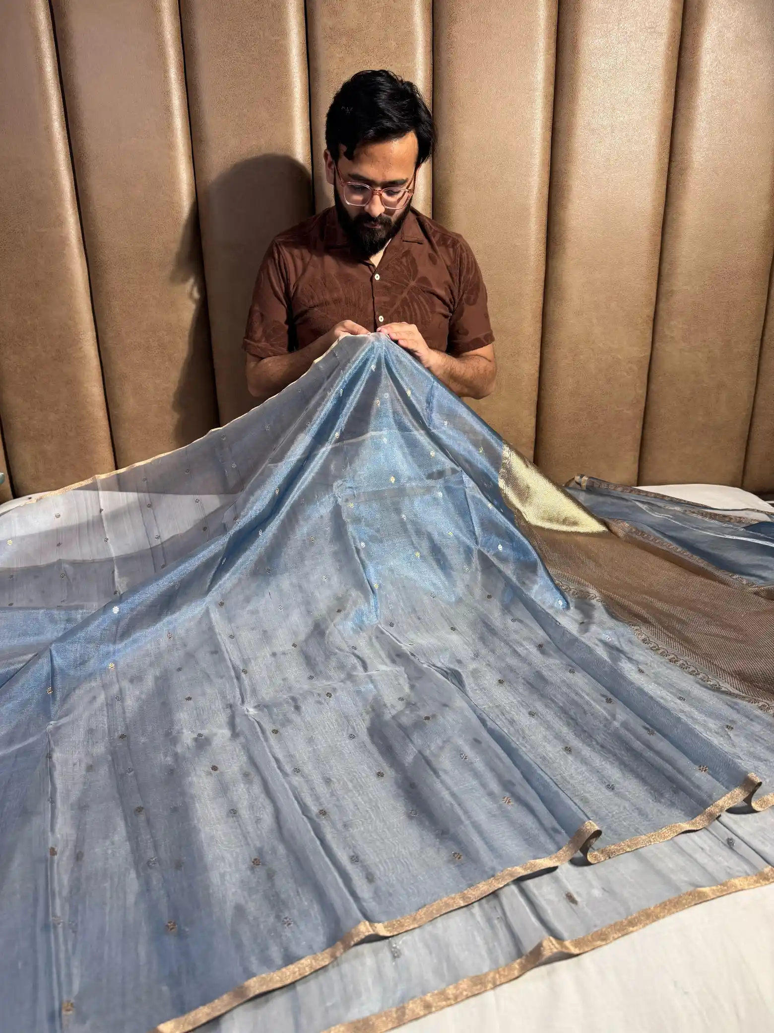 Ice Blue Pure Handloom Kadhua Tissue Silk Saree with Rich Pallu and Blouse