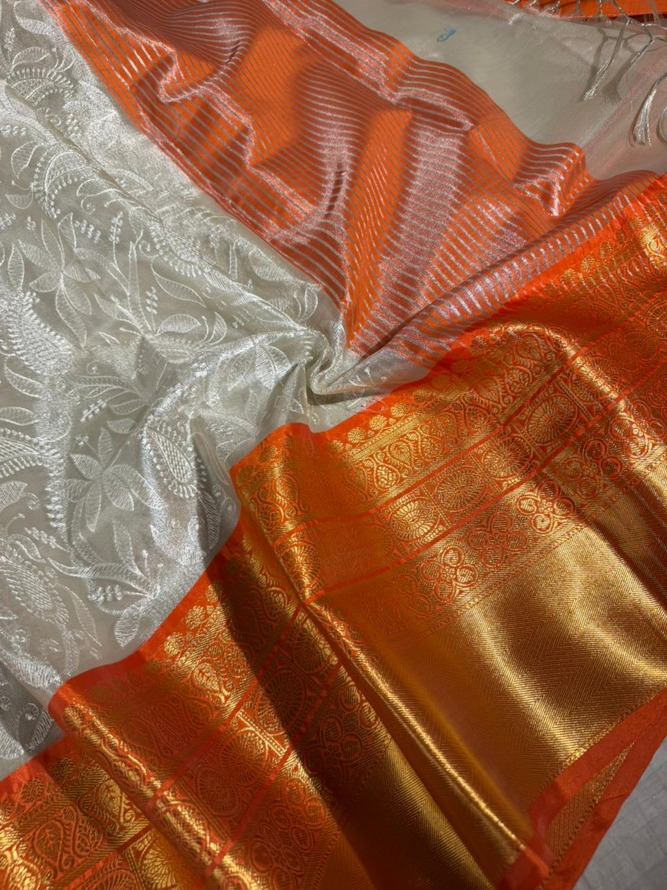 Ivory Contrast Katan Tissue Silk Water Zari Chikankari Embroidered Banarasi Saree - Image 2