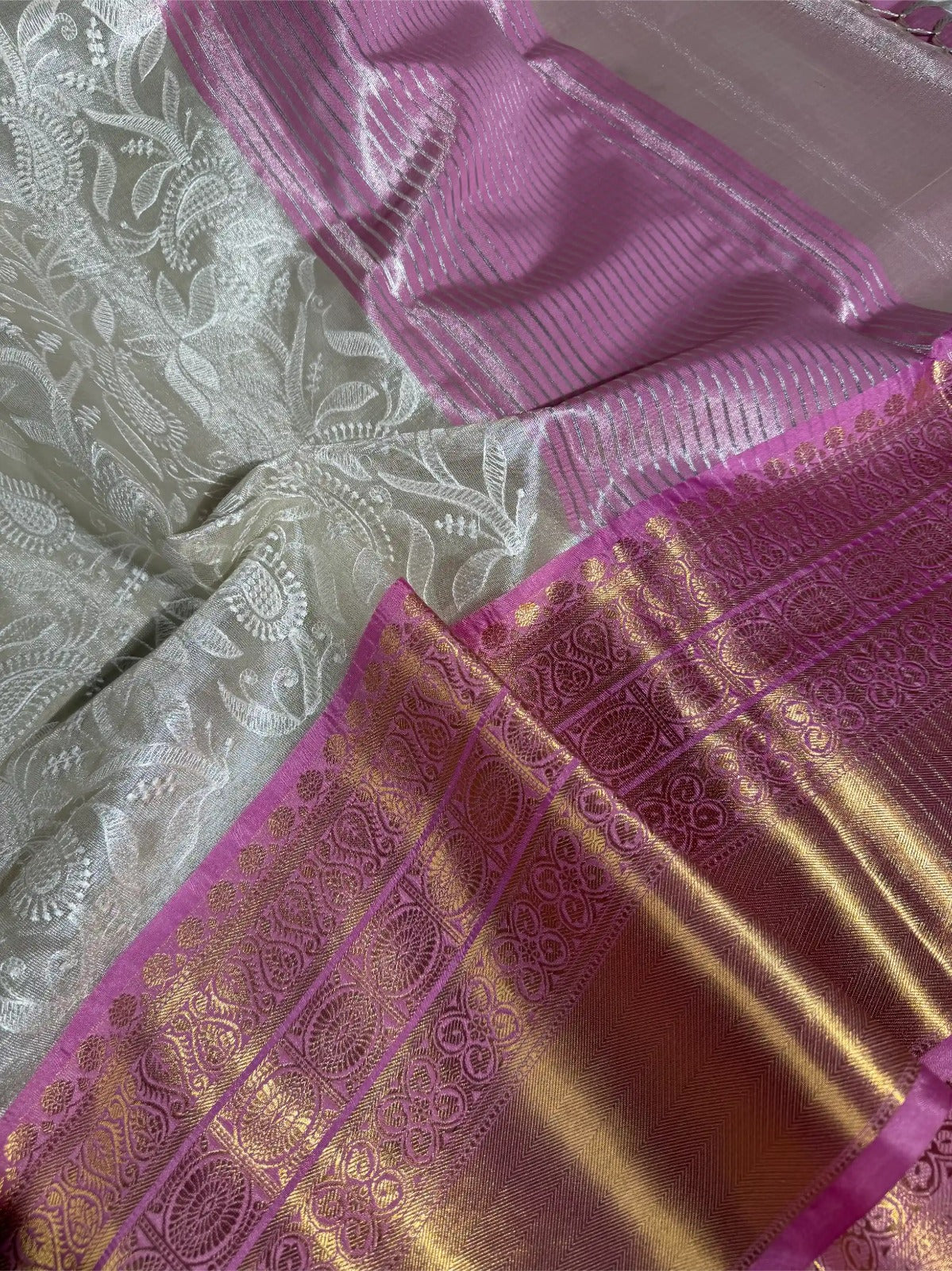 Ivory Contrast Katan Tissue Silk Water Zari Chikankari Embroidered Banarasi Saree - Image 3