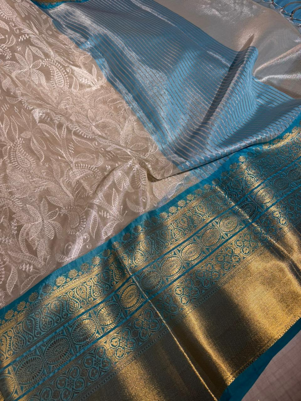 Ivory Katan Tissue Silk Water Zari Chikankari Embroidered Banarasi Saree - Image 2