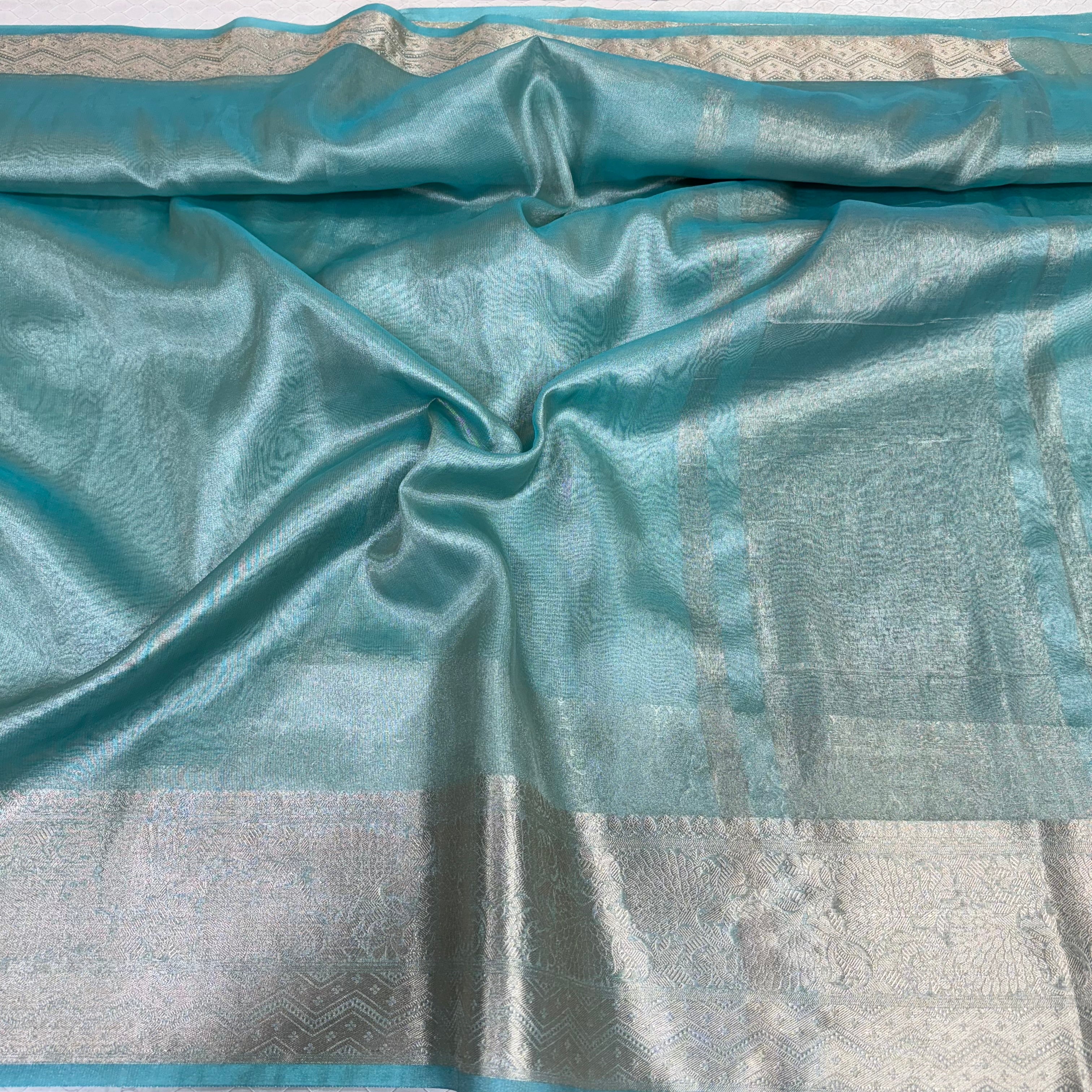 Jahnvi Kapoor Inspired Sea Green Colour Tissue Silk Saree - Image 2