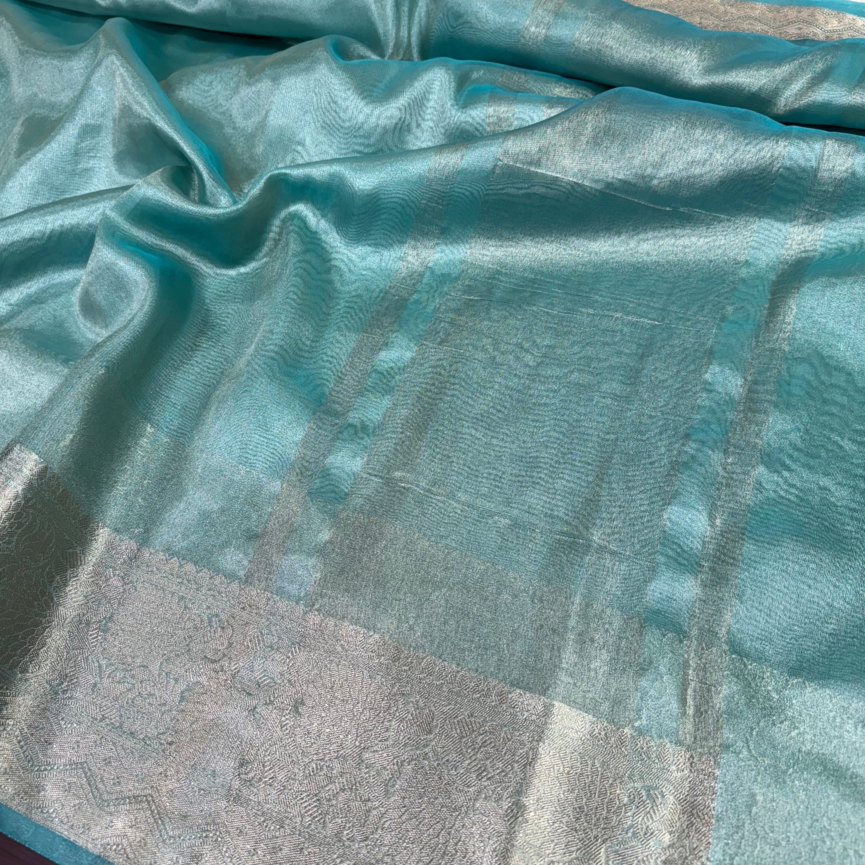 Jahnvi Kapoor Inspired Sea Green Colour Tissue Silk Saree - Image 3
