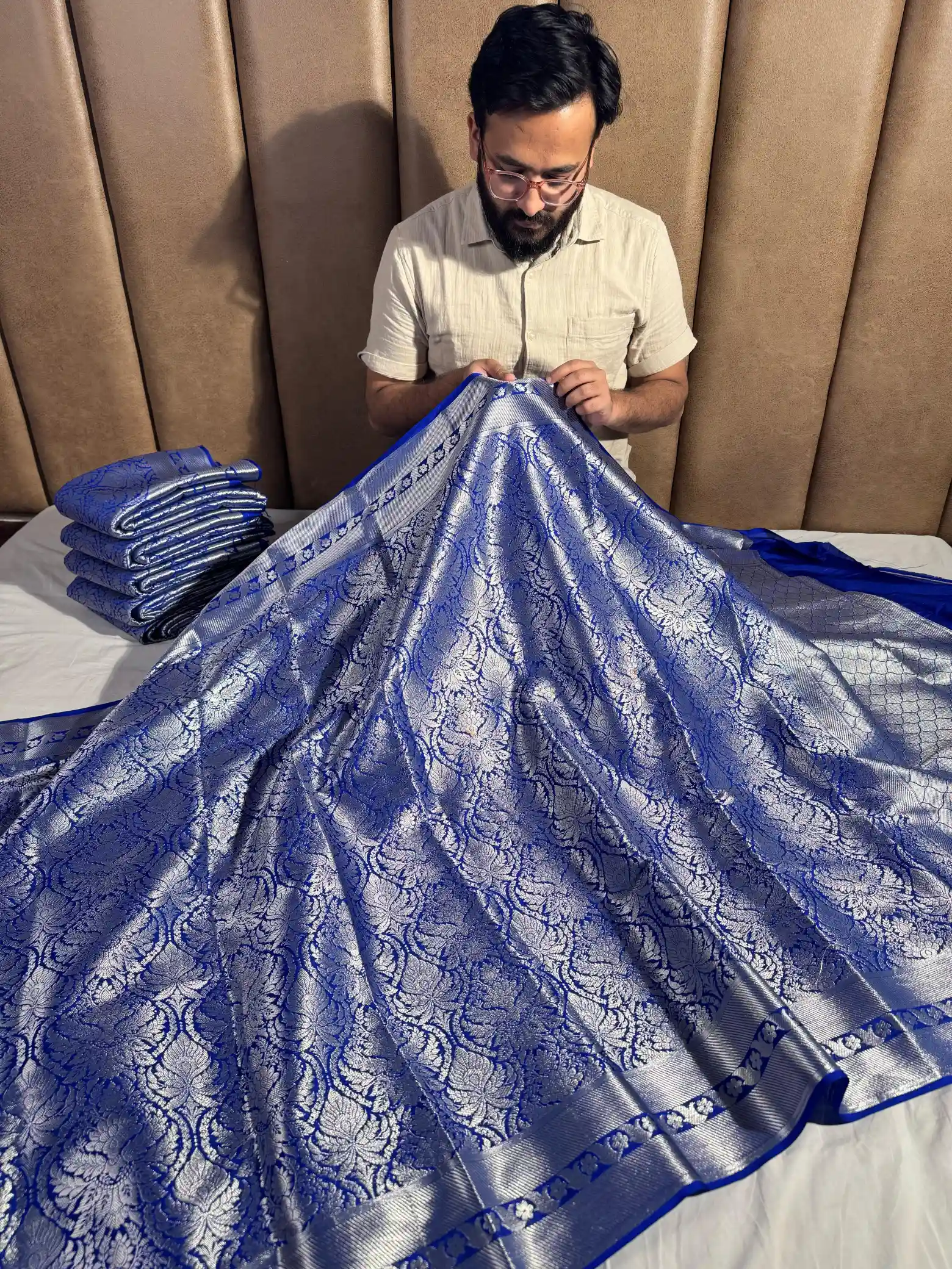 Royal Blue Semi Katan Silk Embossed Banarasi Saree - Image 2