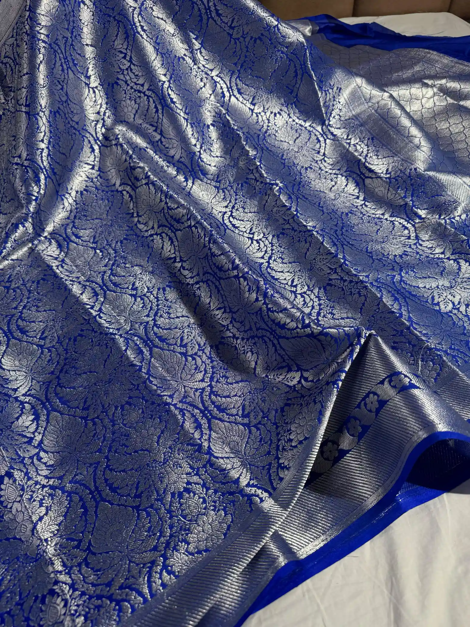 Royal Blue Semi Katan Silk Embossed Banarasi Saree - Image 3