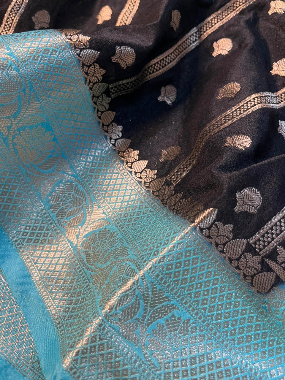 Jet Black Contrast Chinia Silk Traditional Banarasi Saree - Image 3
