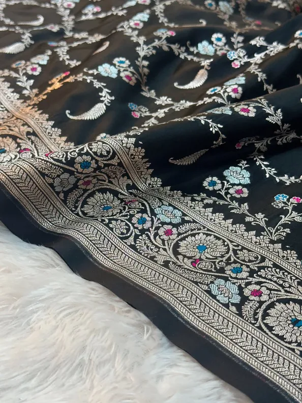 Jet Black Mashru Katan Silk Tilfi Meenakari Weave Banarasi Saree - Image 2