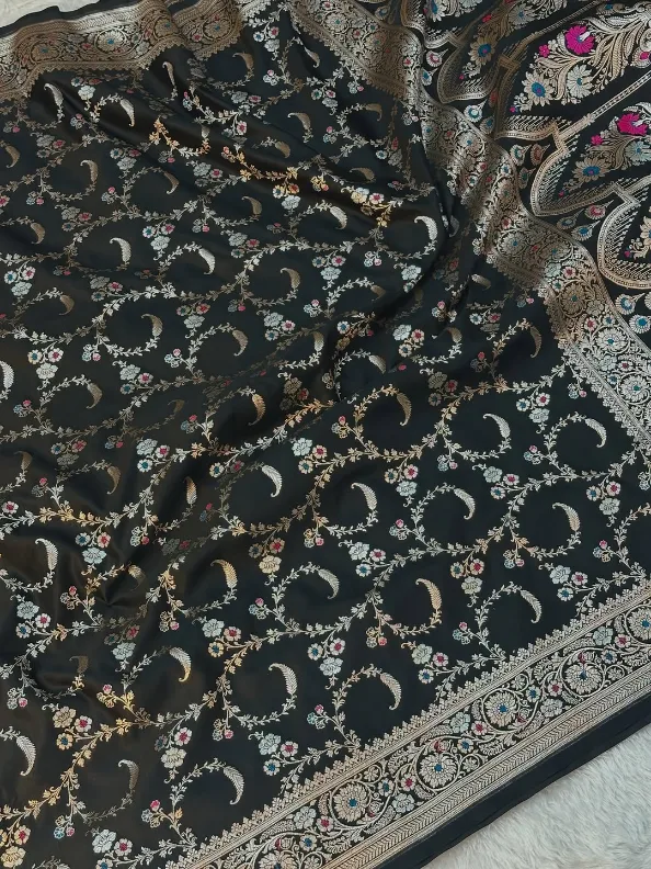 Jet Black Mashru Katan Silk Tilfi Meenakari Weave Banarasi Saree - Image 3