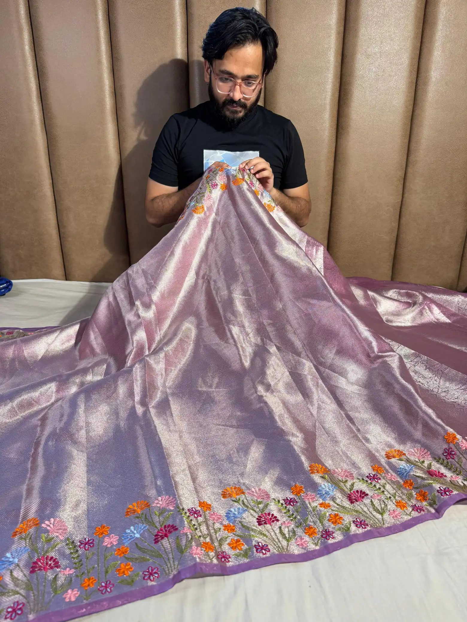 Lavender Designer Tissue Silk Chikankari Work Banarasi Saree