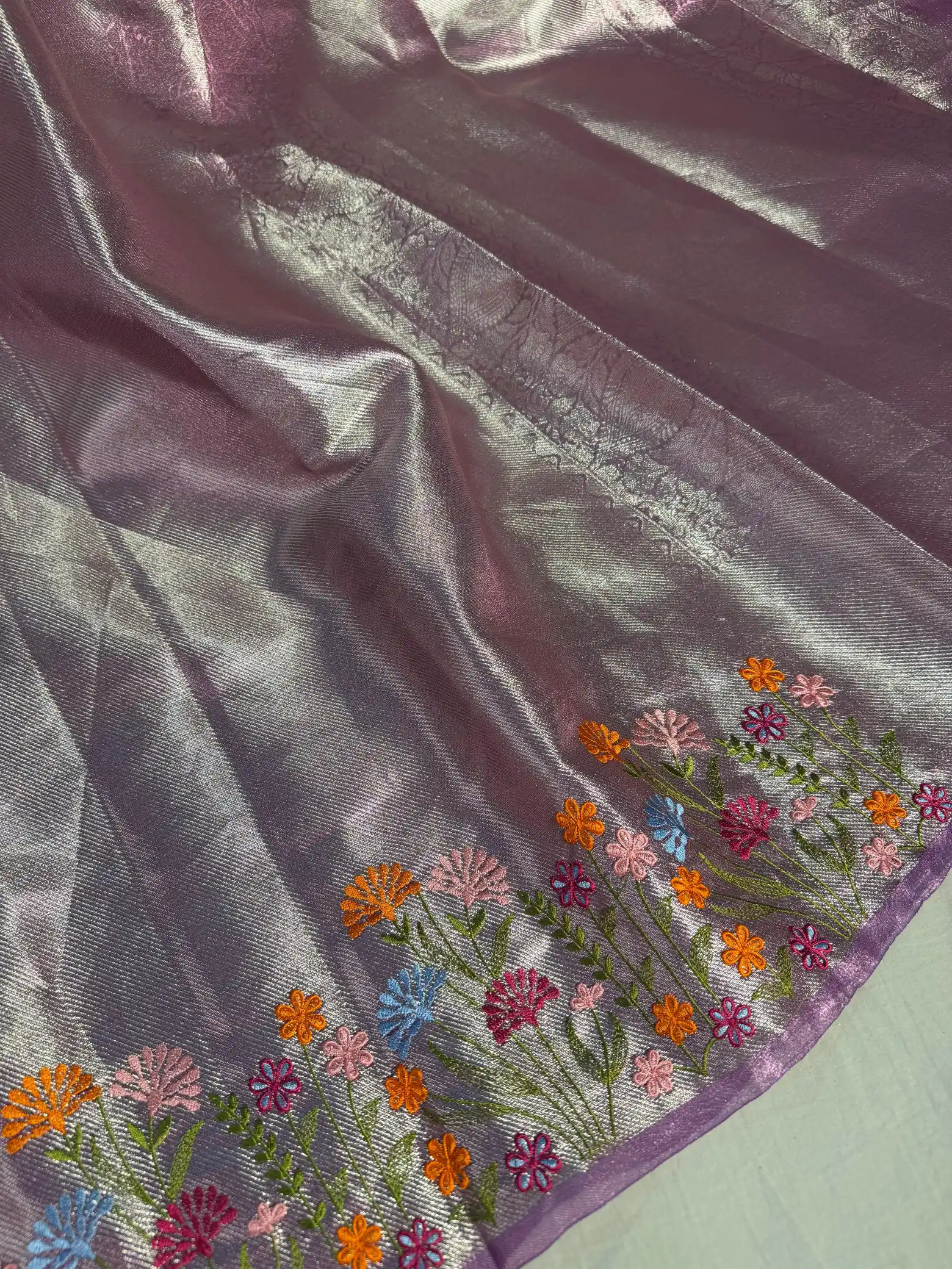 Lavender Designer Tissue Silk Chikankari Work Banarasi Saree - Image 2