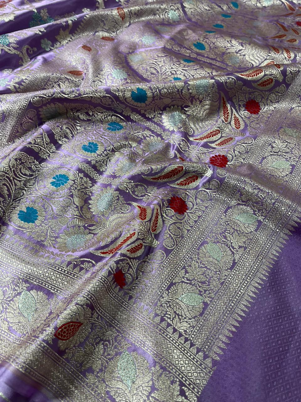 Lavender Mashru Katan Silk Alfi Meenakari Banarasi Saree - Image 3