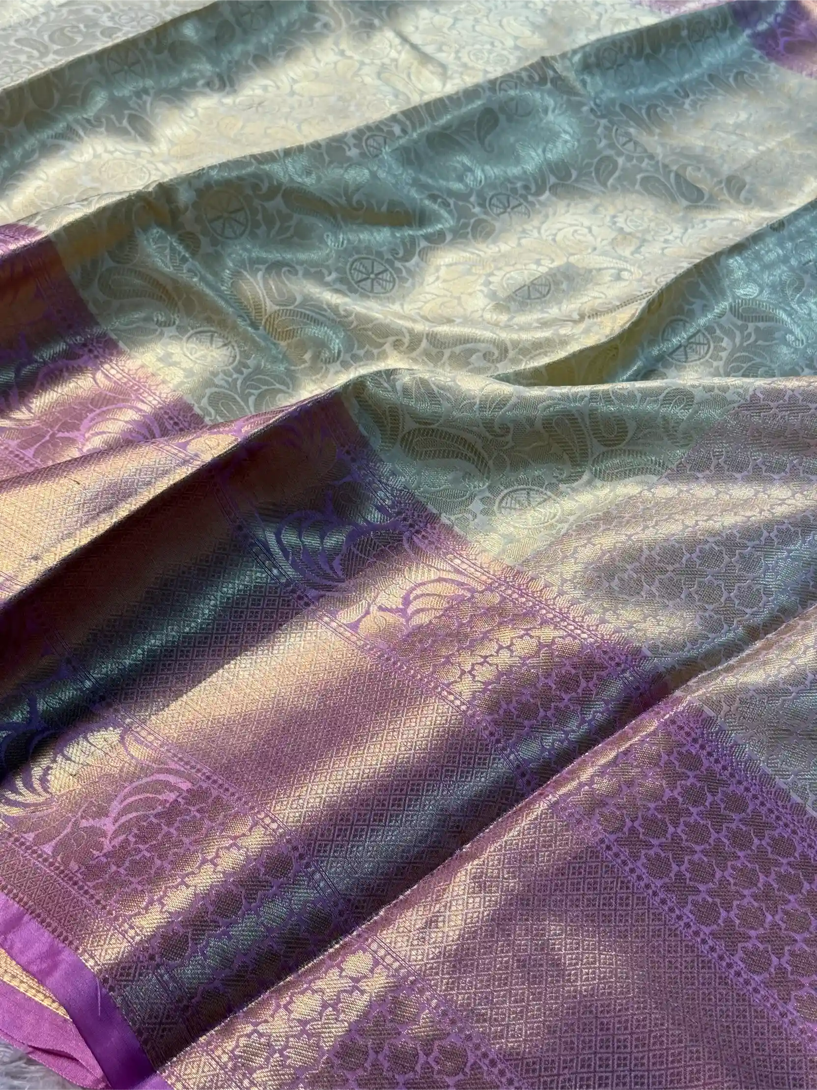 Light Cream Softsilk Kanjivaram Embossed Weave Banarasi Saree - Image 2