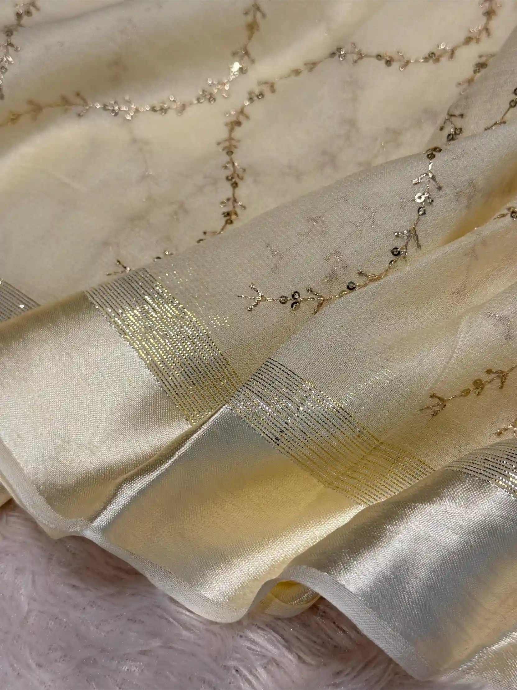 Light Cream Viscose Georgette Silk Embroidered Work Banarasi Saree - Image 3