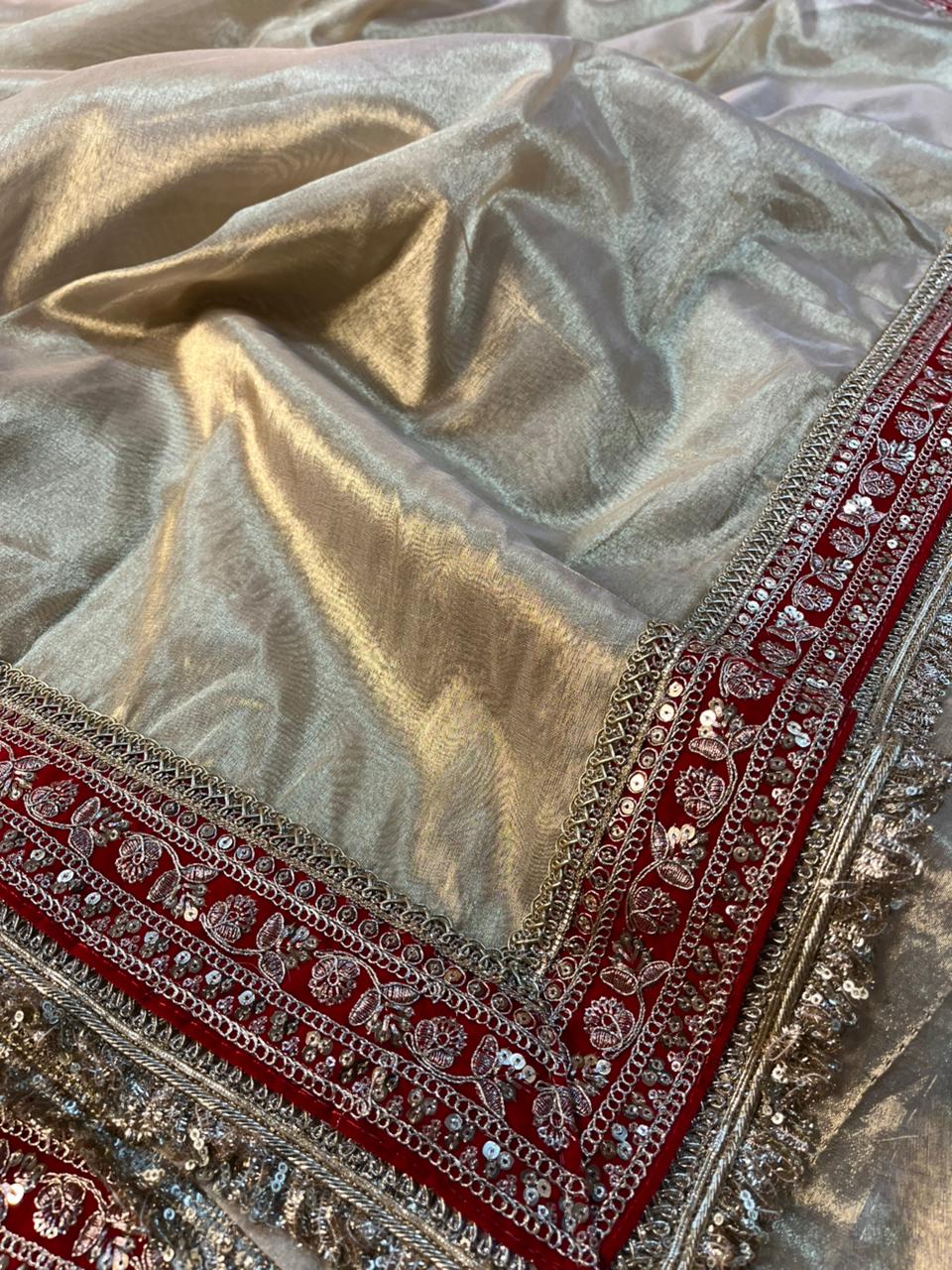 Light Gold Tissue Silk Maroon Eccentric Gota Attached Banarasi Saree - Image 3