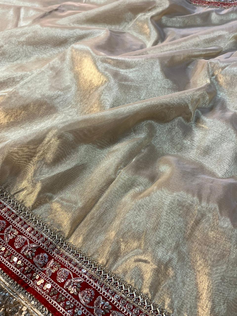 Light Gold Tissue Silk Maroon Eccentric Gota Attached Banarasi Saree - Image 4