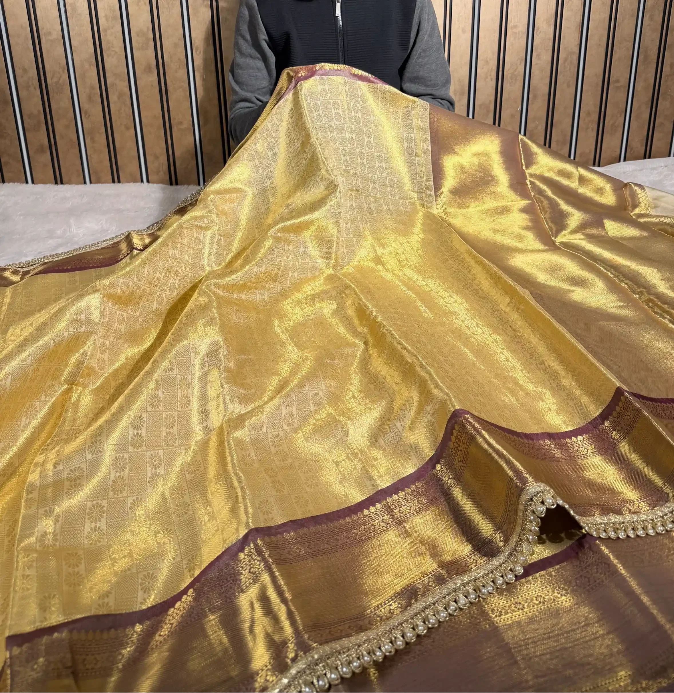 Light Ivory Kanjivaram Tissue Silk Embossed Designer Banarasi Saree